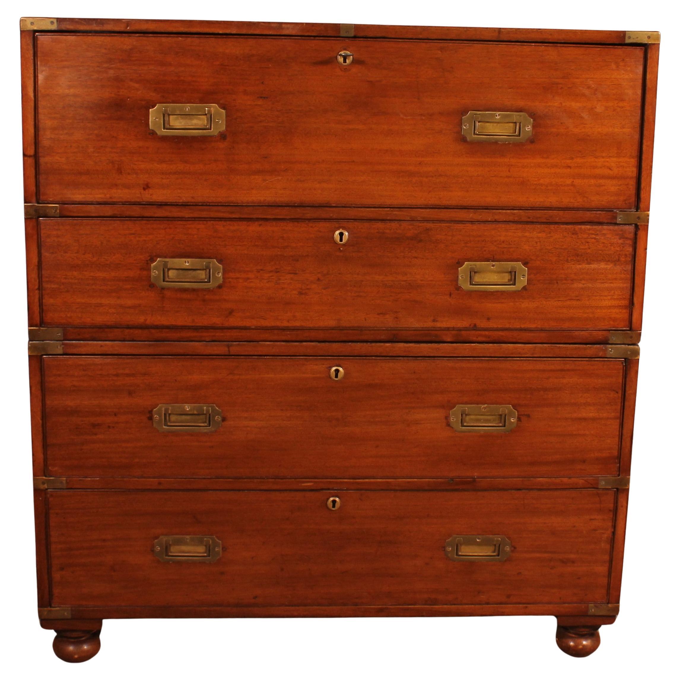 Military Or Campaign Chest Of Drawers In Blond Mahogany With Secretary - 19th Ce
