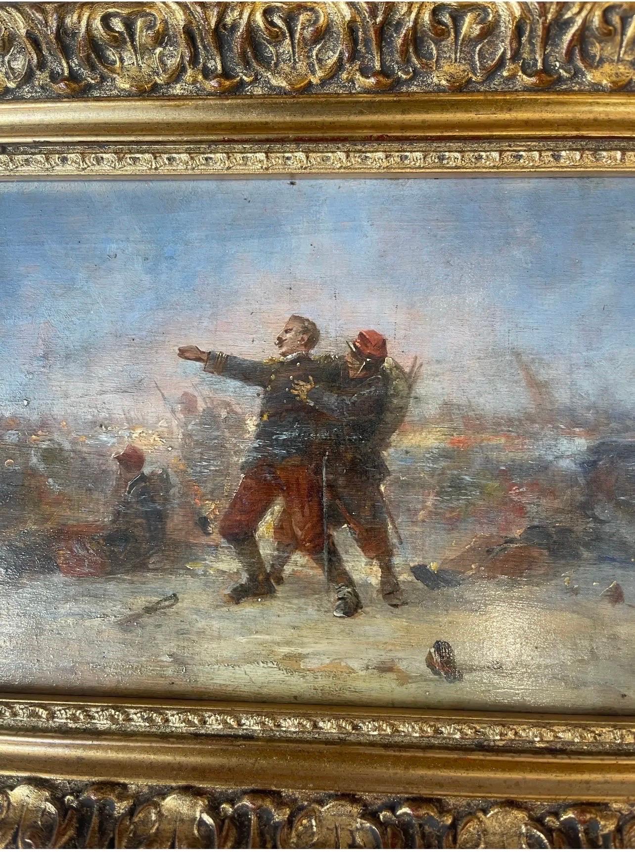 Impressionistische Militärmalerei Ölgemälde auf Tafel 19. Krieg Feldszene signiert Gaultier
Dieses Gemälde stellt eine Schlachtszene dar. Ein Soldat unterstützt den Befehlshaber mit dem zum Feind geworfenen Arm. Rechts auf dem Bild ist ein