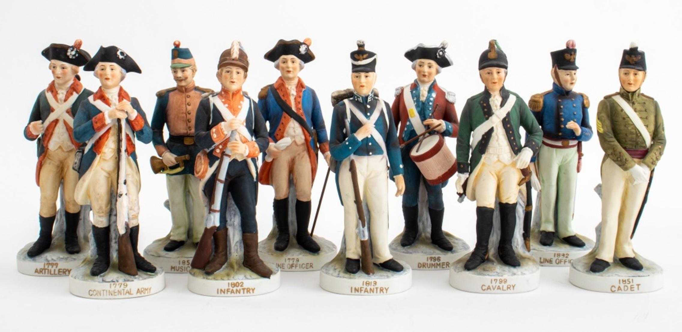 Large assembled group of (16) sixteen military porcelain figurine depicting various uniforms, with diverse marks to underside.

Dimensions: Tallest: 9.5