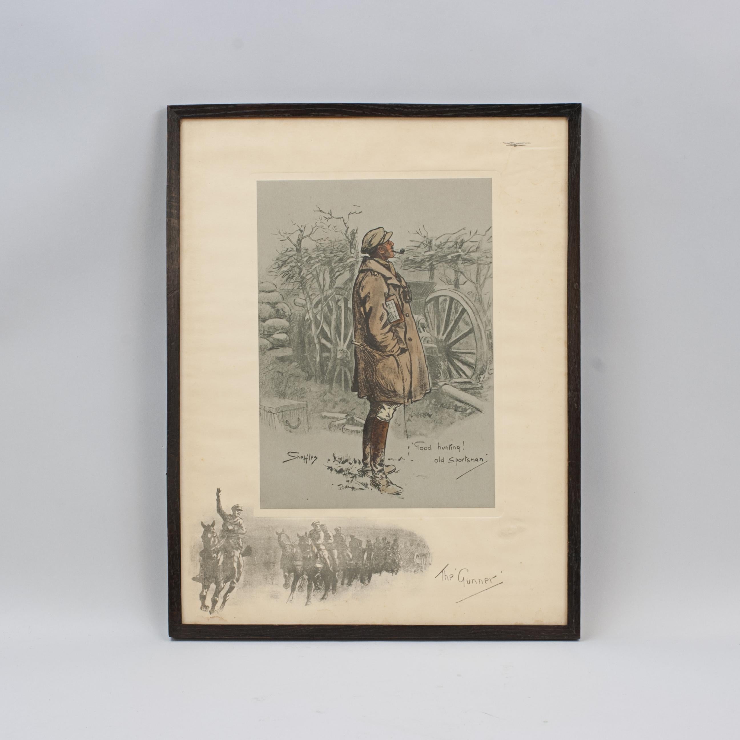 Snaffles WWI Military Print, The Gunner.
A good Snaffles WWI military print entitled 'The 'Gunner', it is a hand coloured lithograph and shows the Gunner looking up at a passing plane (it is a remaque in the top right corner) with the caption 'Good