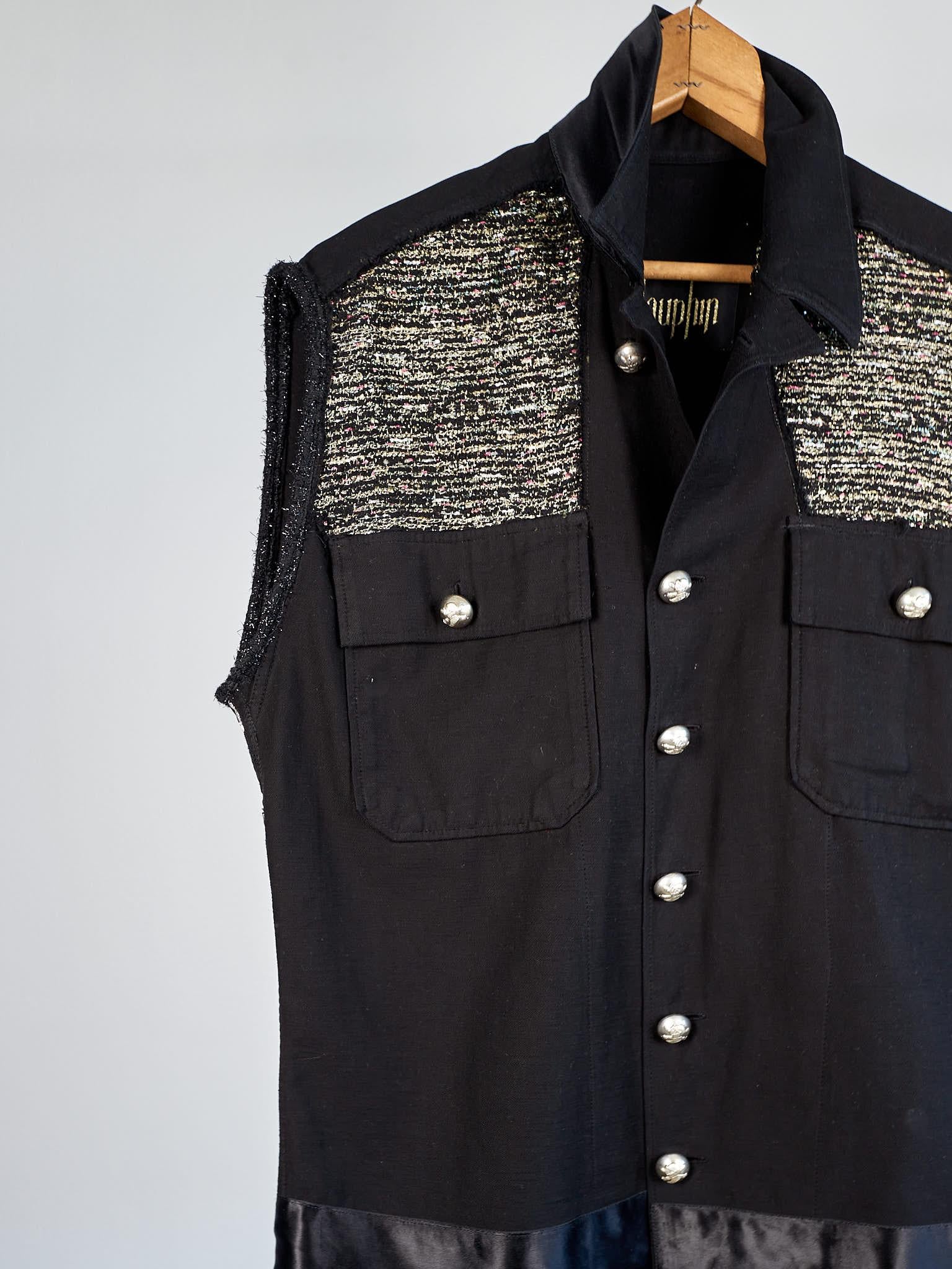 Military Vest Sleeveless Jacket Black Gold Lurex Tweed Large Silver Buttons  In New Condition In Los Angeles, CA