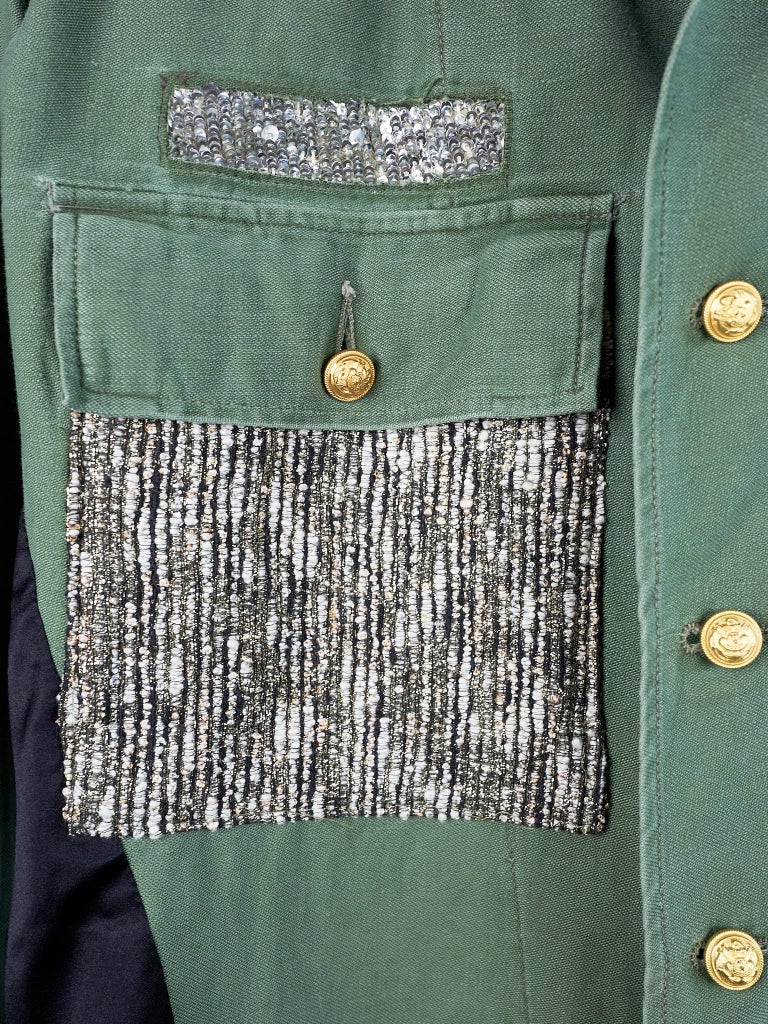 Military Vintage Jacket Green Repurposed Recycled Lurex Sequin J