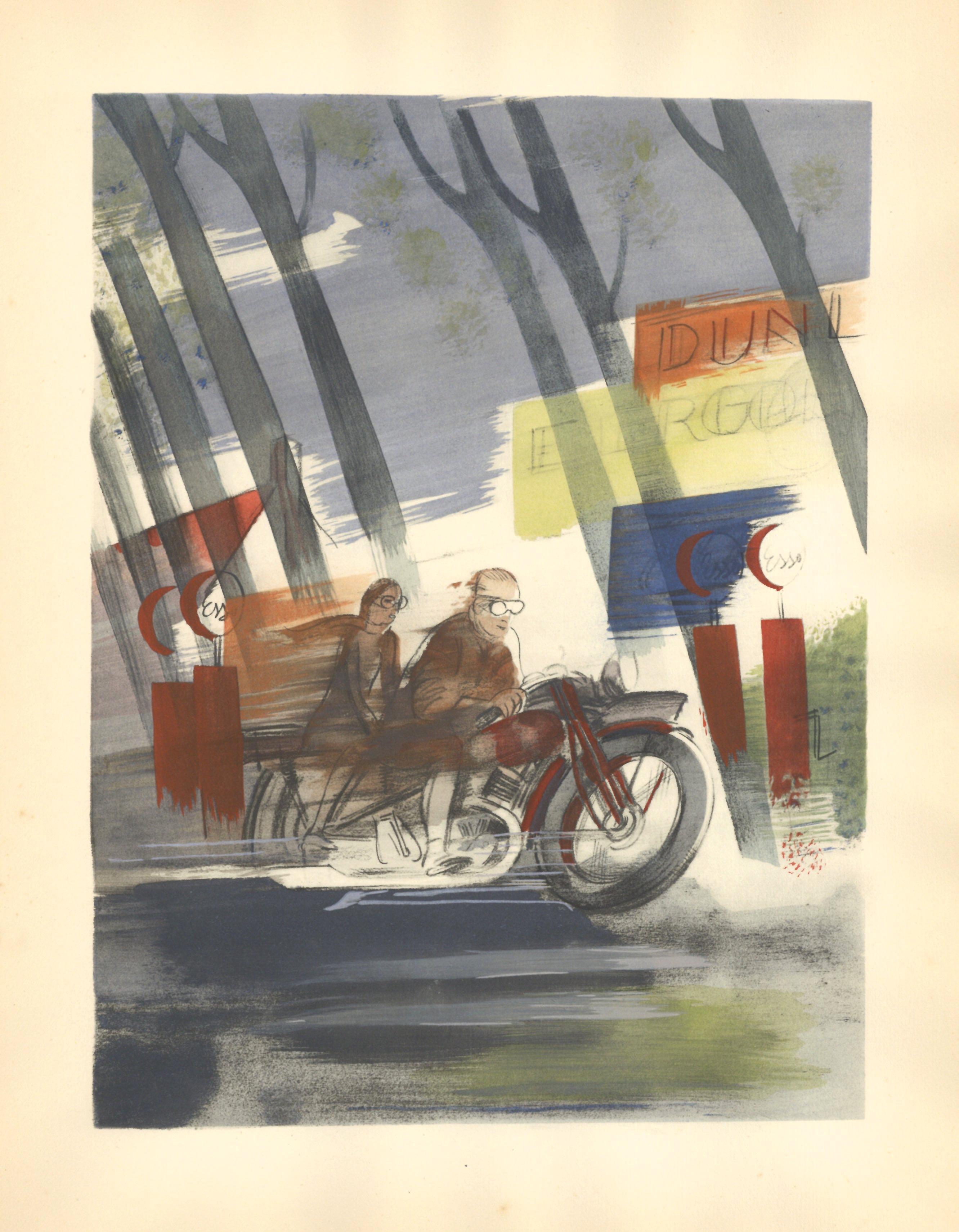 Pochoir „La Motocyclette“ für Les Joies du Sport – Print von Milivoy Uzelac