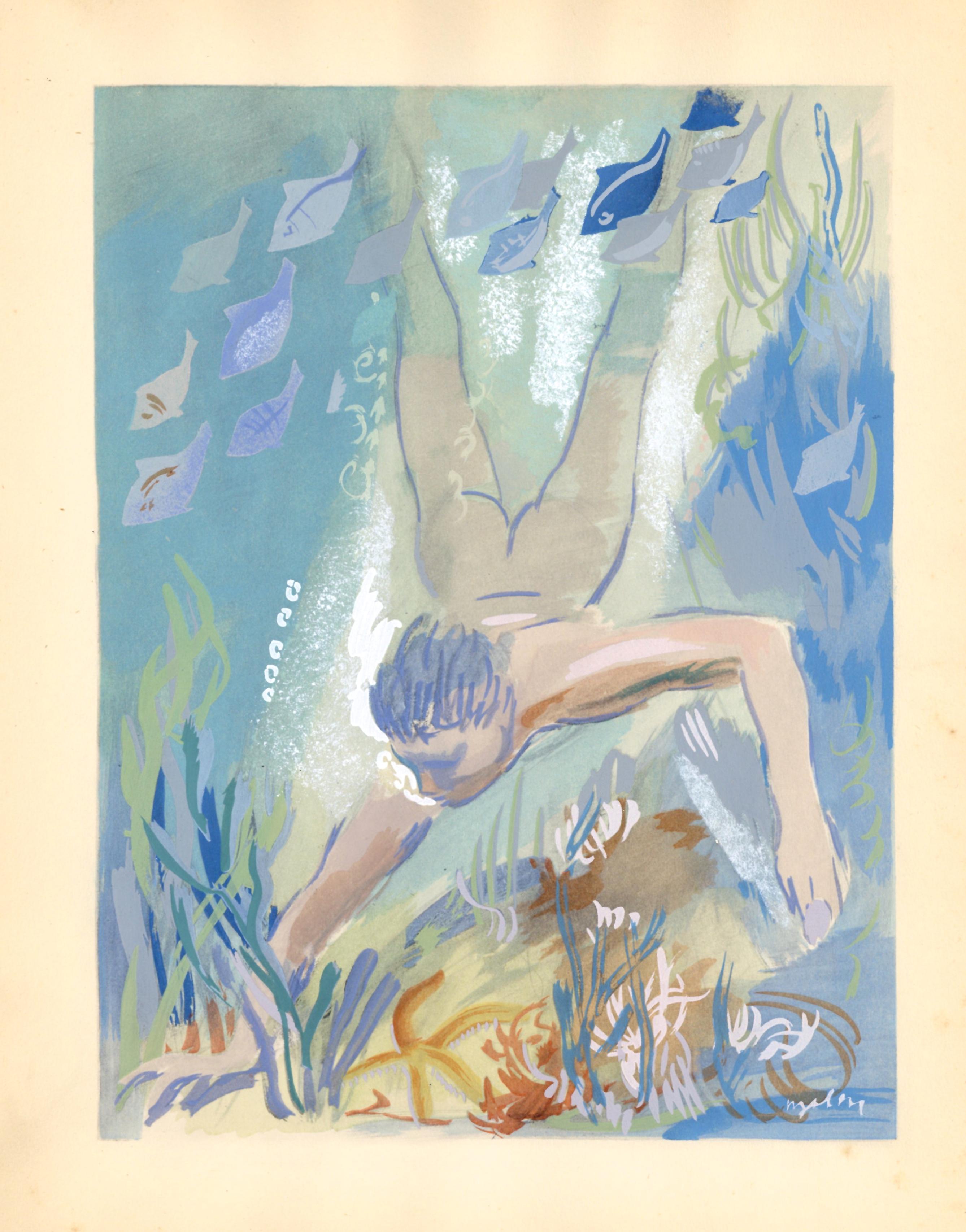 "La Natation" pochoir for Les Joies du Sport - Swimming - Print by Milivoy Uzelac