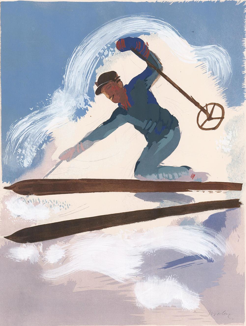 Milivoy Uzelac Figurative Print - Le Skiing in Silver Frame