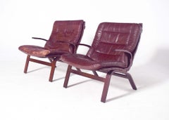 Miljo Range Armchairs, Leather on Plywood Frame, Denmark 1960s