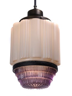 Milk and Prismatic Amethyst Glass Skyscraper Pendants, Pair