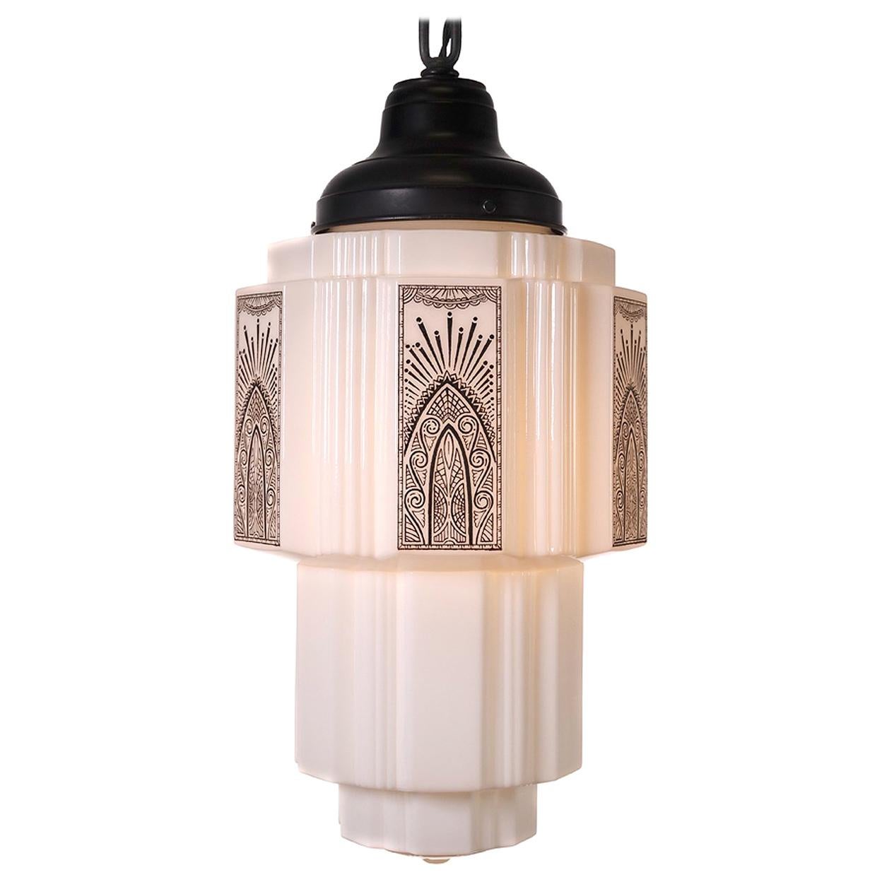 Milk and Stenciled Glass Skyscraper Style Pendent