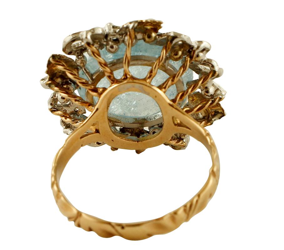 Women's Milk Aquamarine, Diamonds, 14 Karat Rose and White Gold Retro Ring