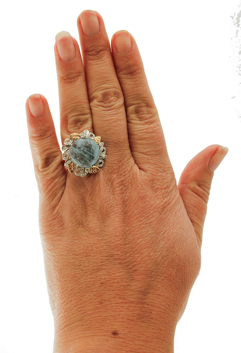 Milk Aquamarine, Diamonds, 14 Karat Rose and White Gold Retro Ring 2