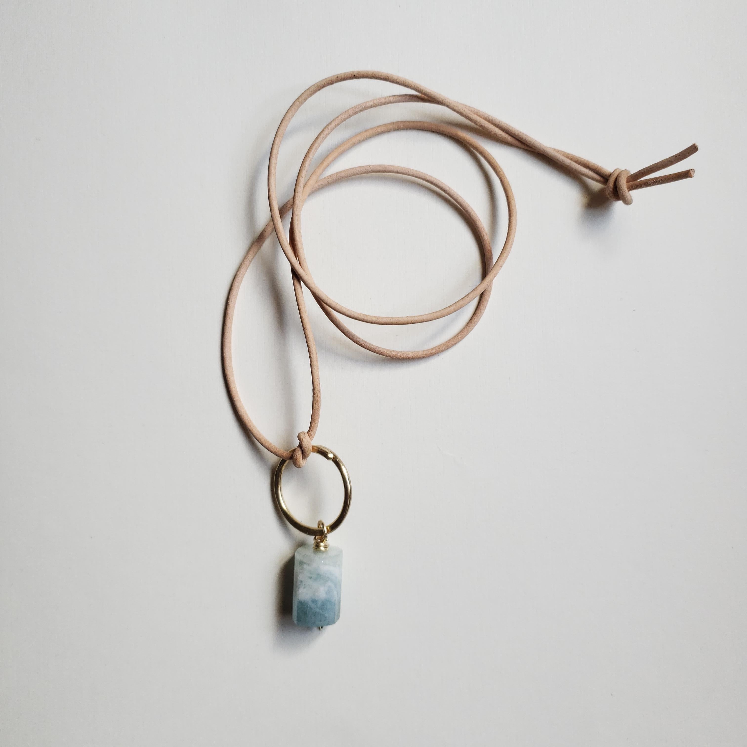 Artisan Milk Blue Aquamarine Gemstone Chakra Love Leather Talisman Boho Necklace For Sale