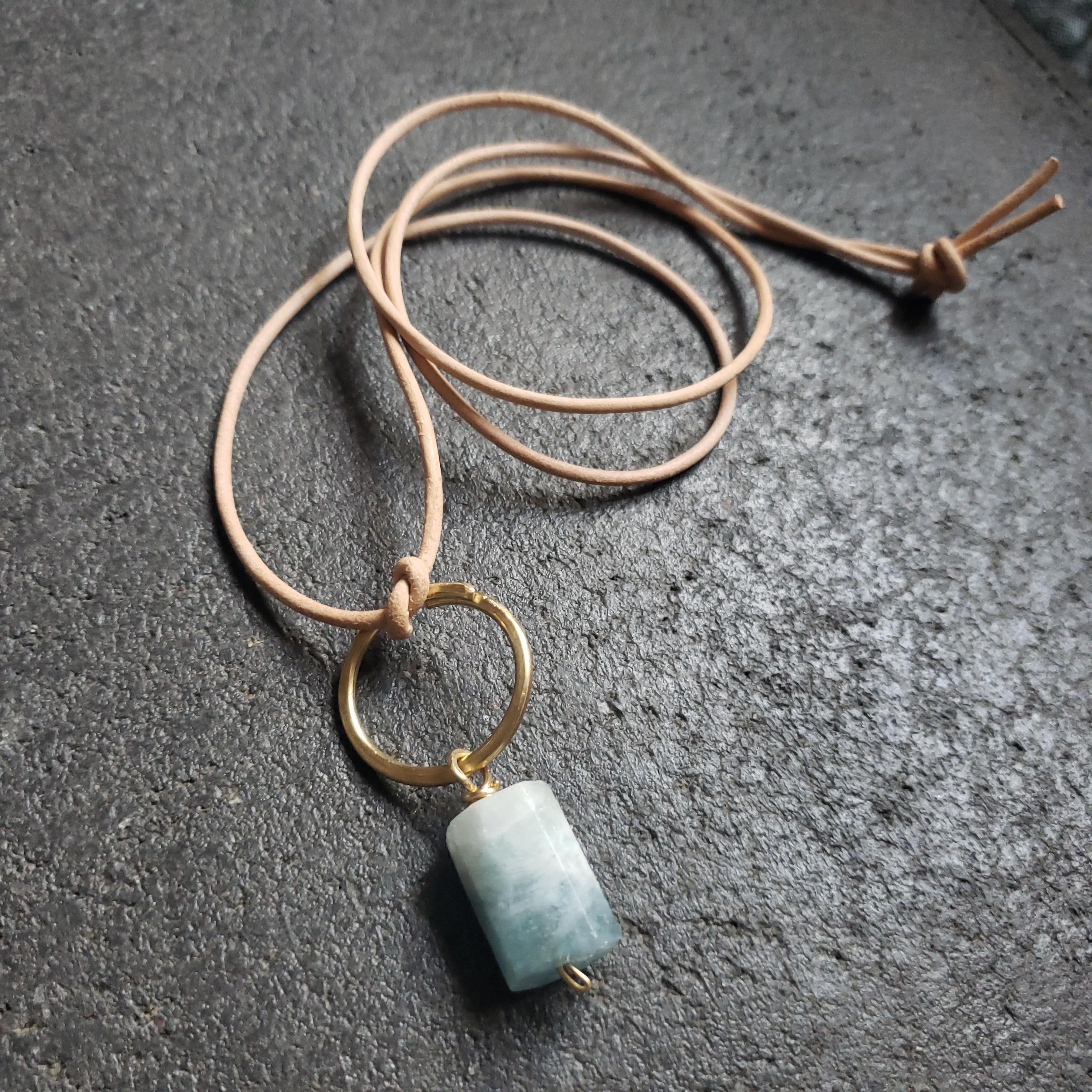 Octagon Cut Milk Blue Aquamarine Gemstone Chakra Love Leather Talisman Boho Necklace For Sale