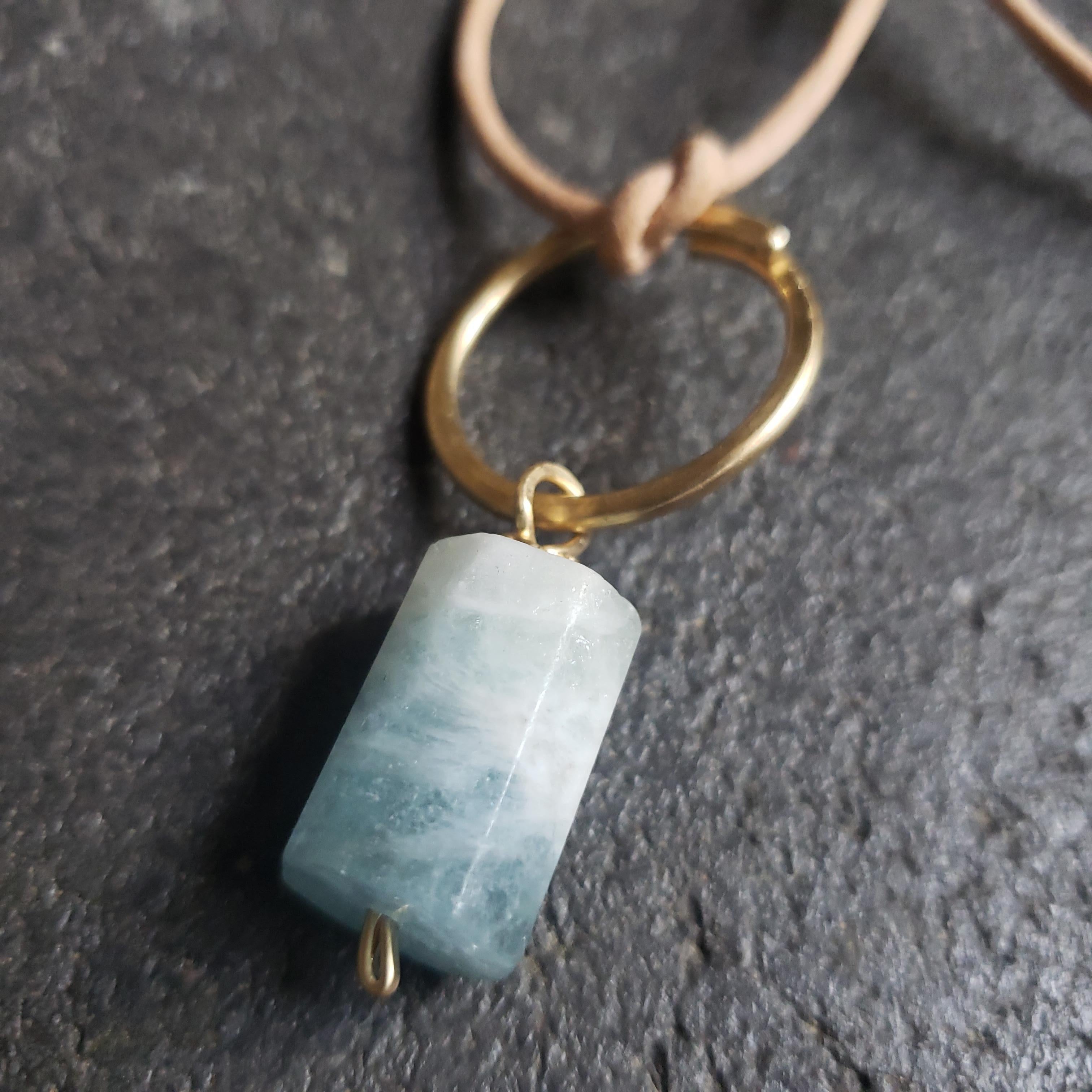 Milk Blue Aquamarine Gemstone Chakra Love Leather Talisman Boho Necklace In New Condition For Sale In Northglenn, CO