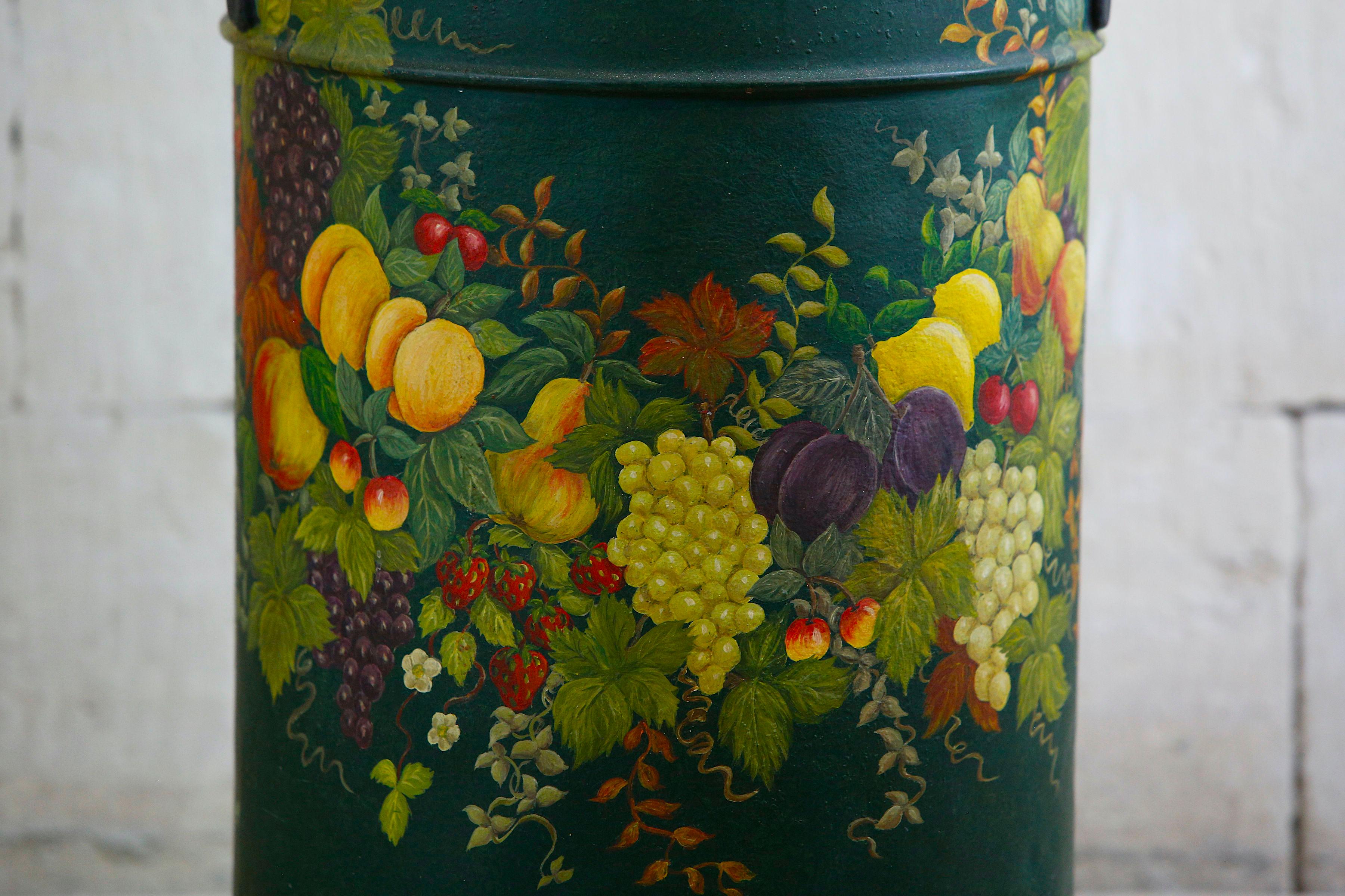 Milk Churn painted Jardiniere umbrella pot 

Beautifully hand painted milk churn to use as a jardiniere, storage container or umbrella pot. 

Beautiful all around traditional hand painted farmers milk churn 

The head colour is a dark green,
