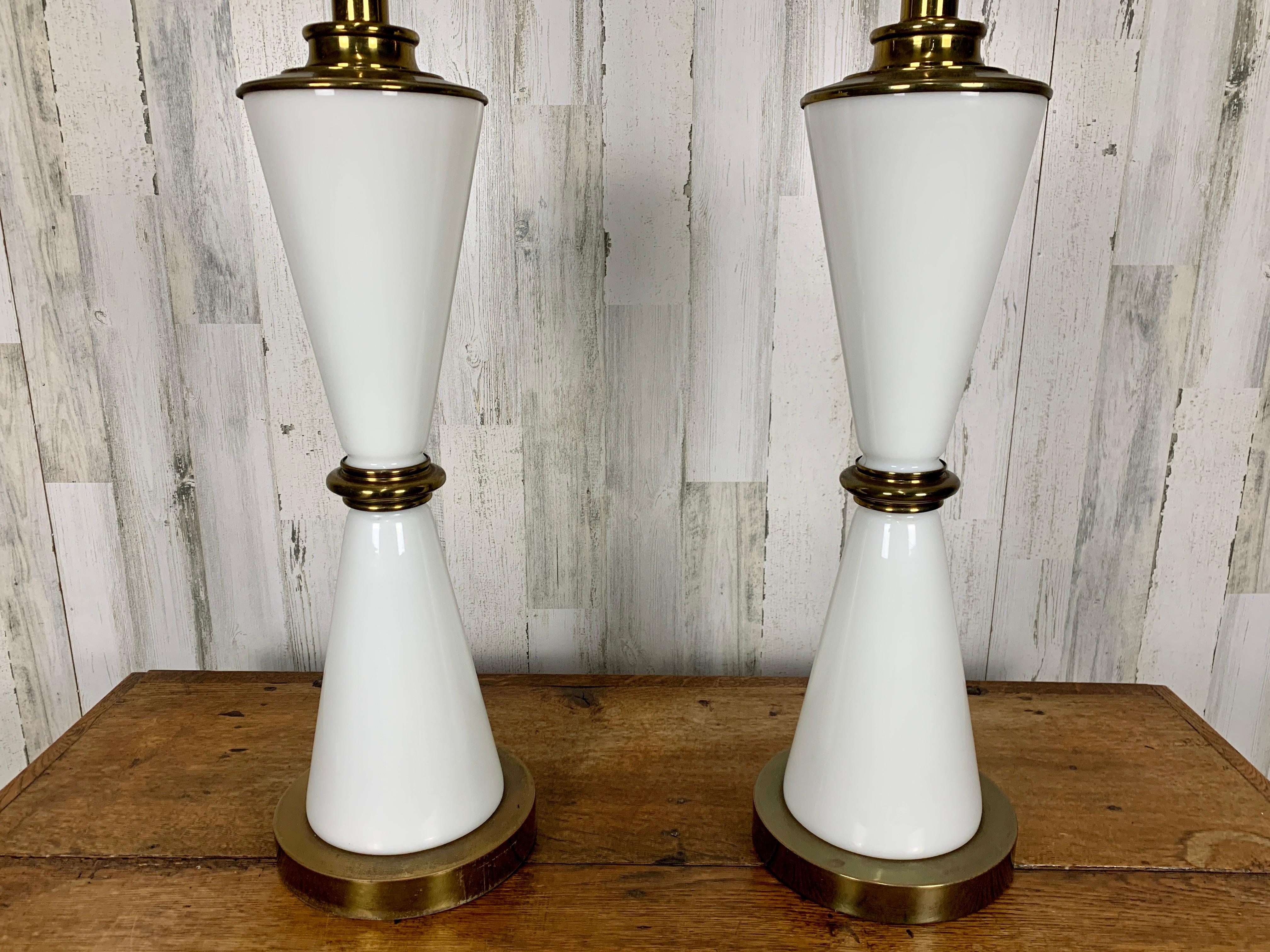 Milk Glass and Brass Hourglass Shaped Table Lamps For Sale 1