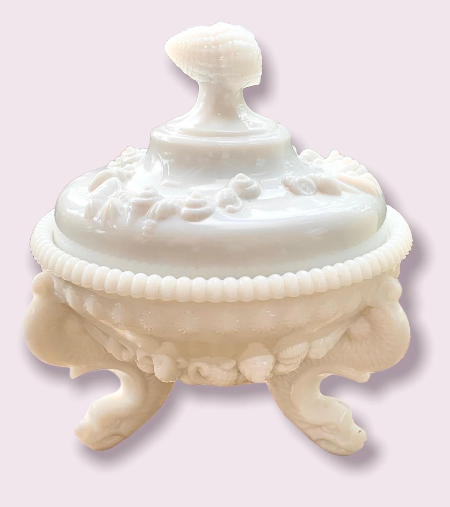 Mid-20th Century Milk Glass Candy Dish W/ Lid, Westmoreland Glass Co. Argonaut Shell Pattern For Sale