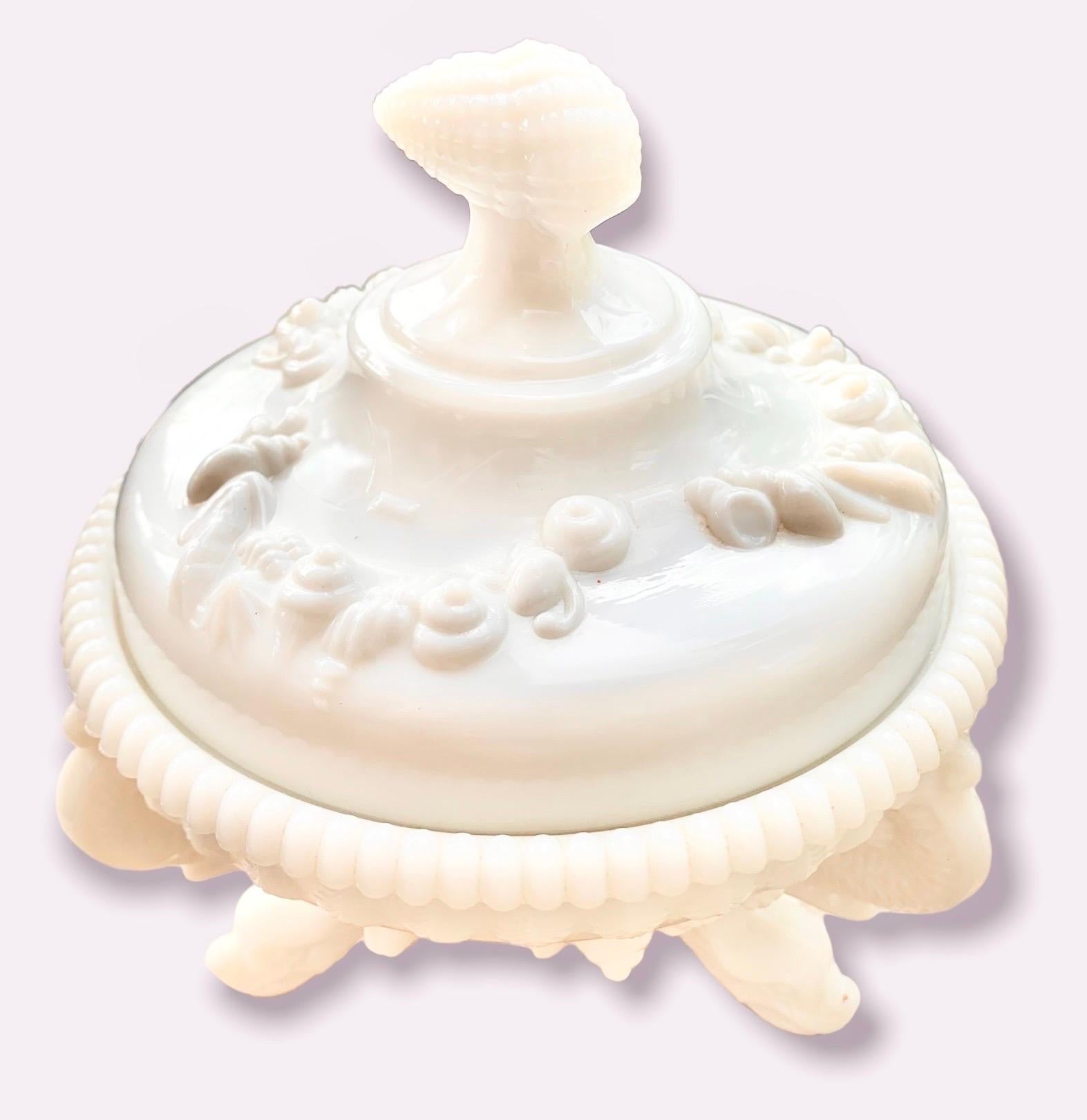 Beaded Milk Glass Candy Dish W/ Lid, Westmoreland Glass Co. Argonaut Shell Pattern For Sale