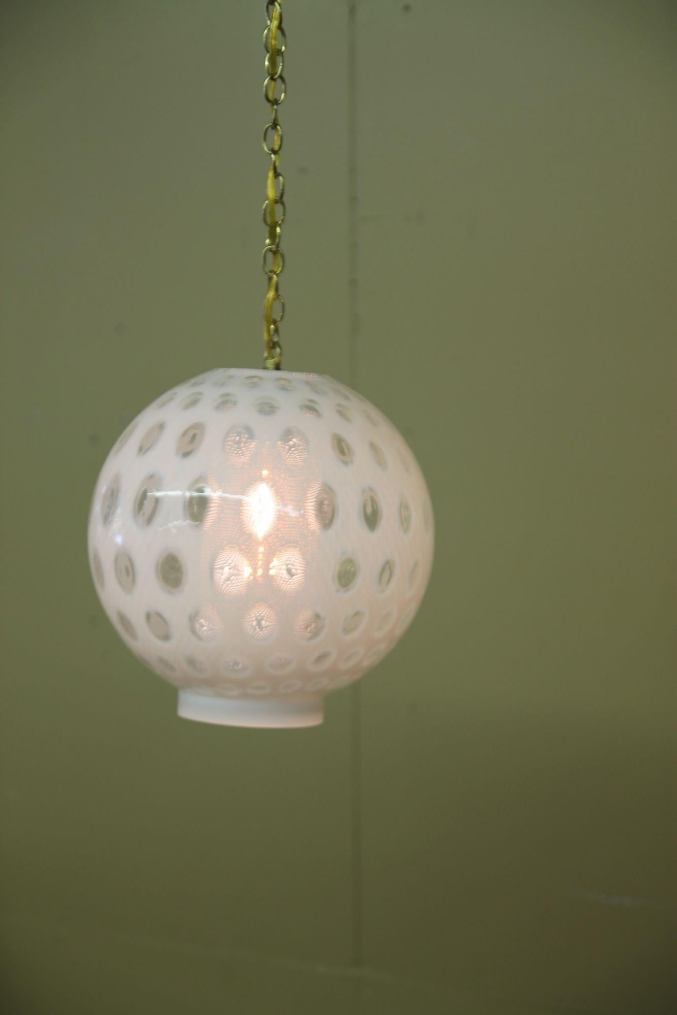 Mid-Century Modern Milk Glass/Clear Glass Pendant Light with Gold Chain and Cap