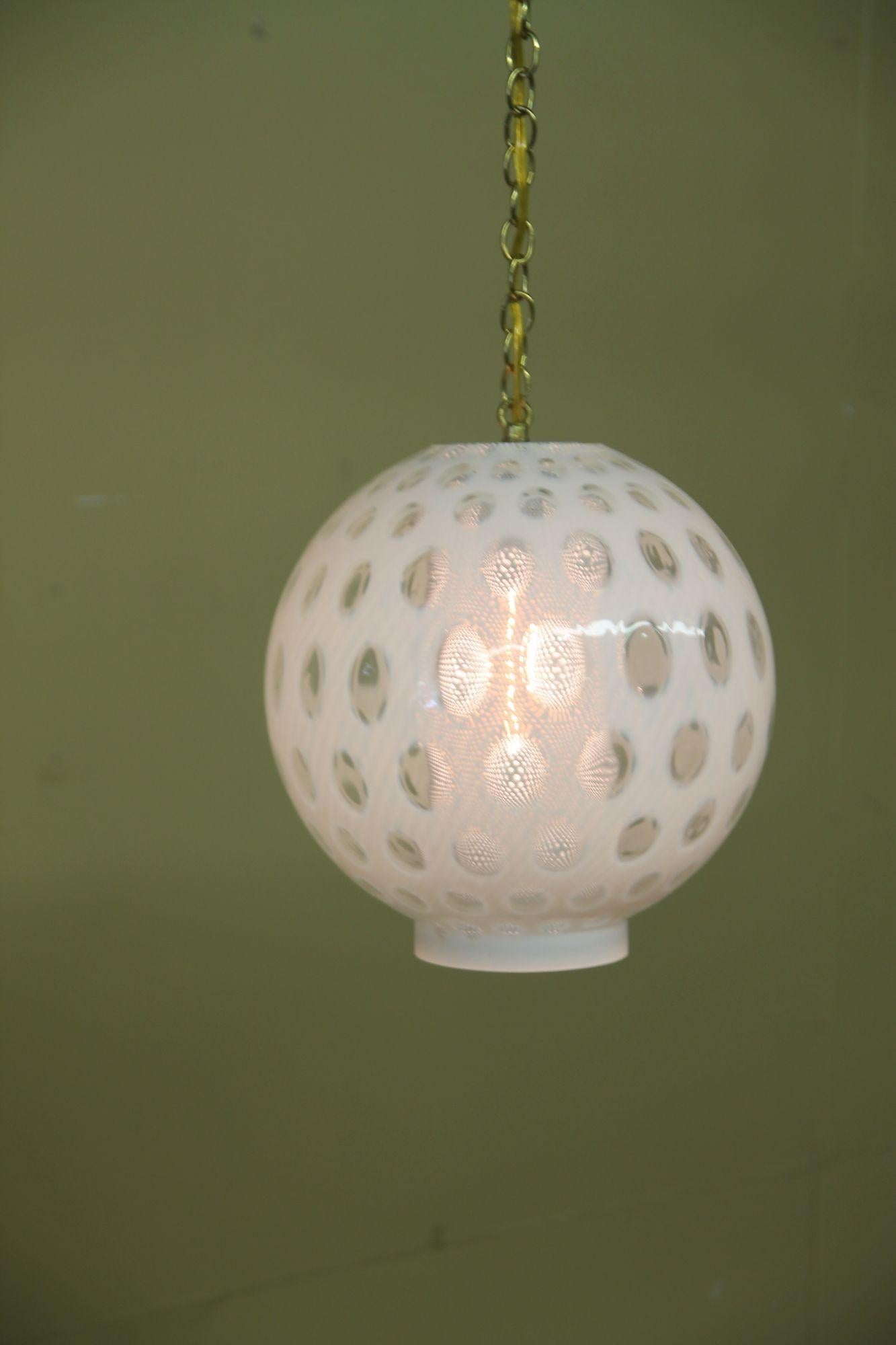 Blown Glass Milk Glass/Clear Glass Pendant Light with Gold Chain and Cap
