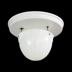 Milk Glass Fluted Bowl Semi Flush Mount Brascolite Light, Early 20th Century