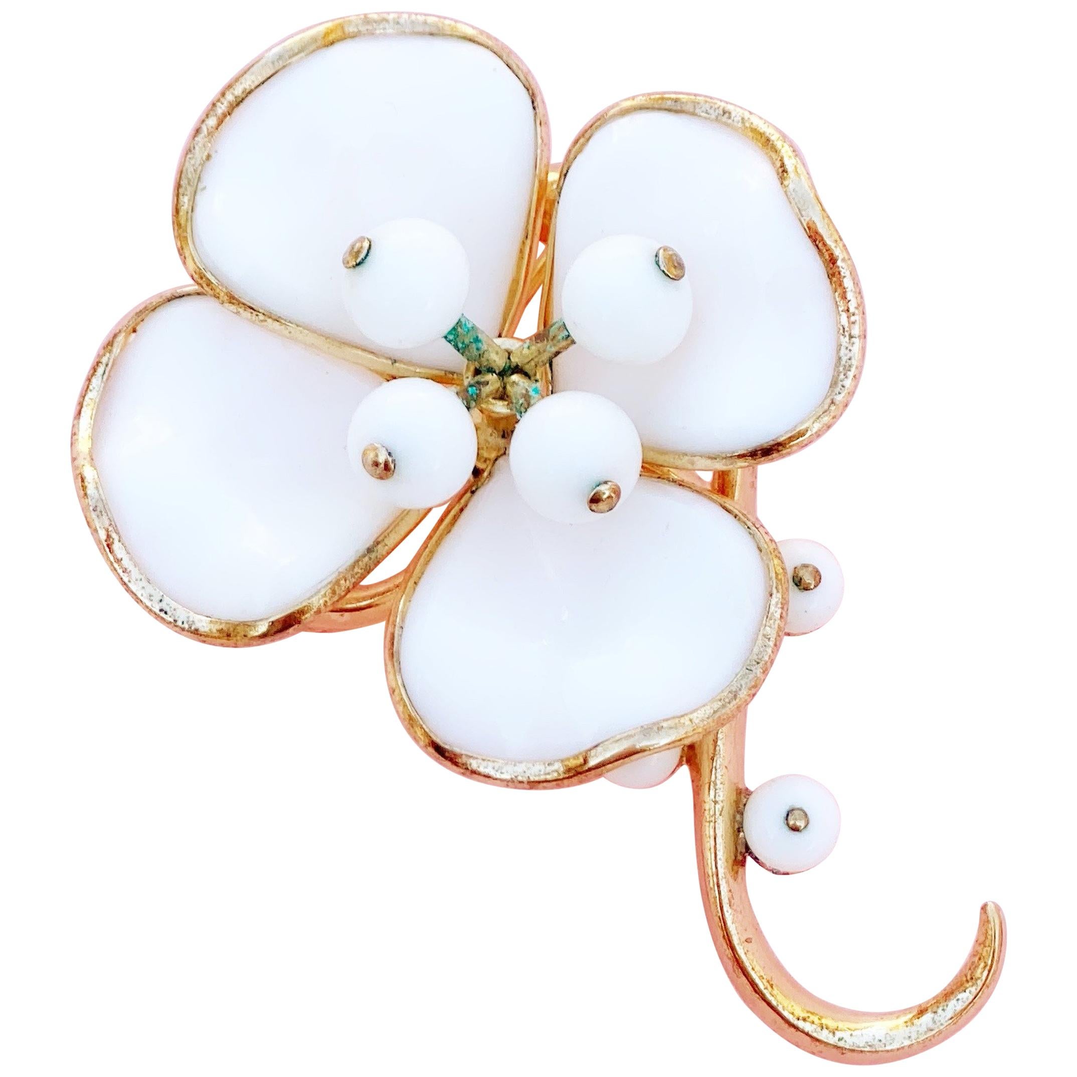 Milk Glass Magnolia Flower Brooch by Alfred Philippe for Crown Trifari, 1953