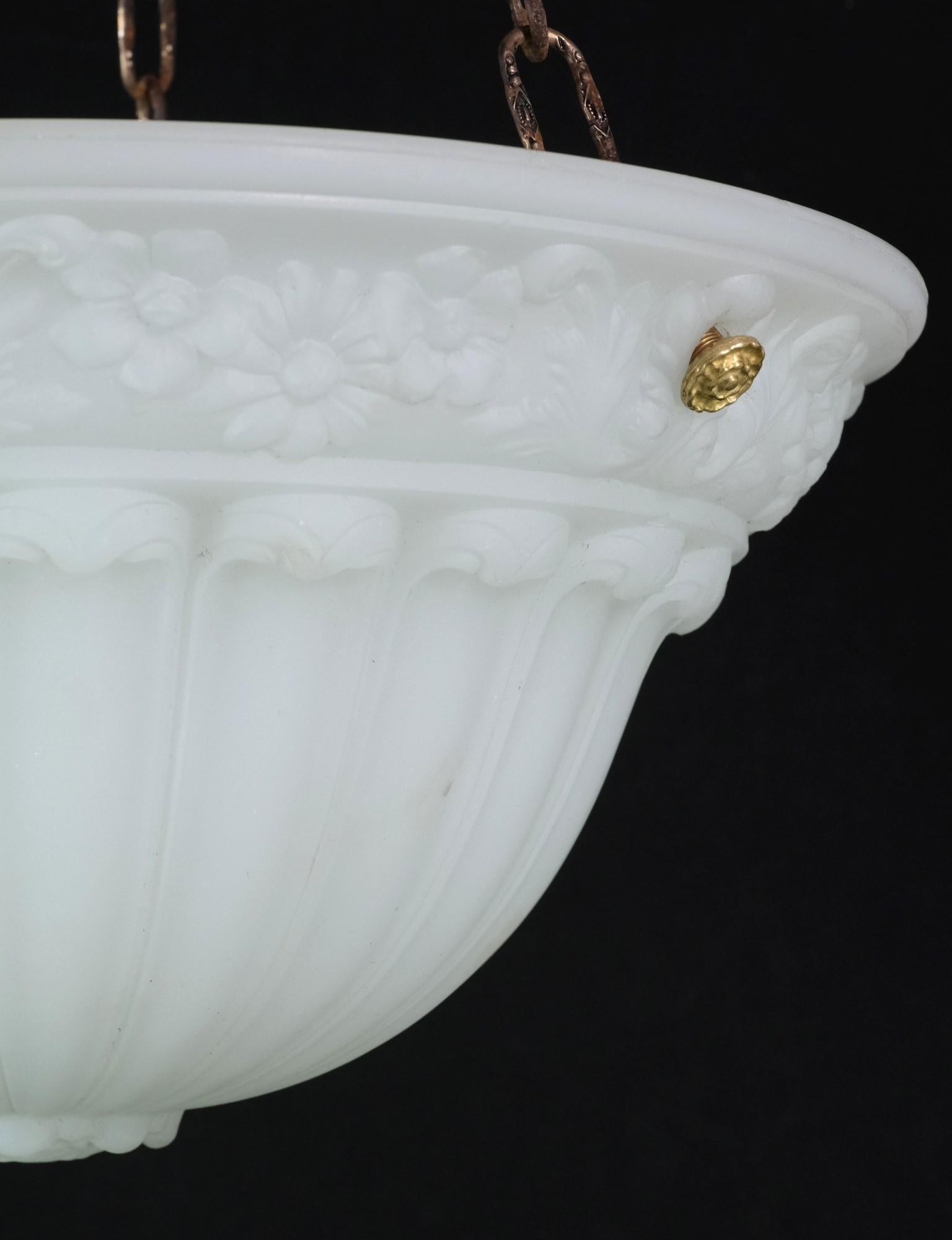 Victorian Milk Glass Pendant Dish Light w/ Cast Floral Design & Foliage Brass Canopy