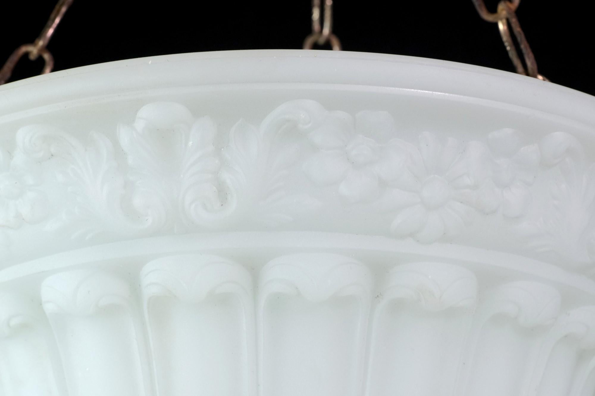 Milk Glass Pendant Dish Light w/ Cast Floral Design & Foliage Brass Canopy 2