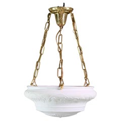 Milk Glass Pendant Dish Light w/ Grapevine Details Brass Chain & Canopy Fitter
