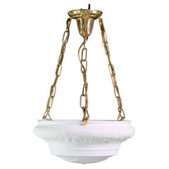 Antique Milk Glass Pendant Dish Light w/ Grapevine Details Brass Chain & Canopy Fitter