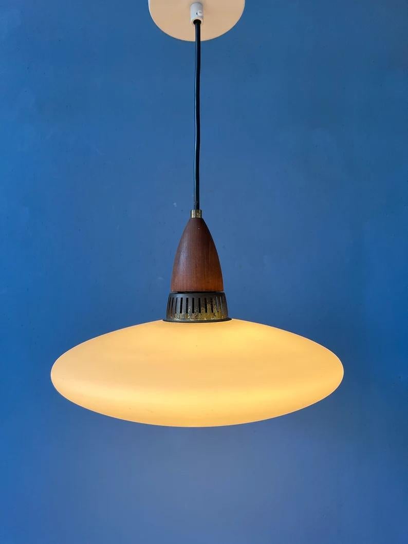 20th Century Milk Glass Pendant Light Philips Style Light Fixture Louis Kalff Opaline Lamp For Sale
