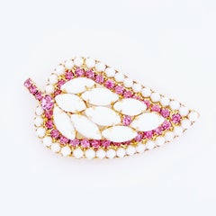 Milk Glass & Pink Rhinestone Leaf Brooch By DeLizza & Elster, 1960s