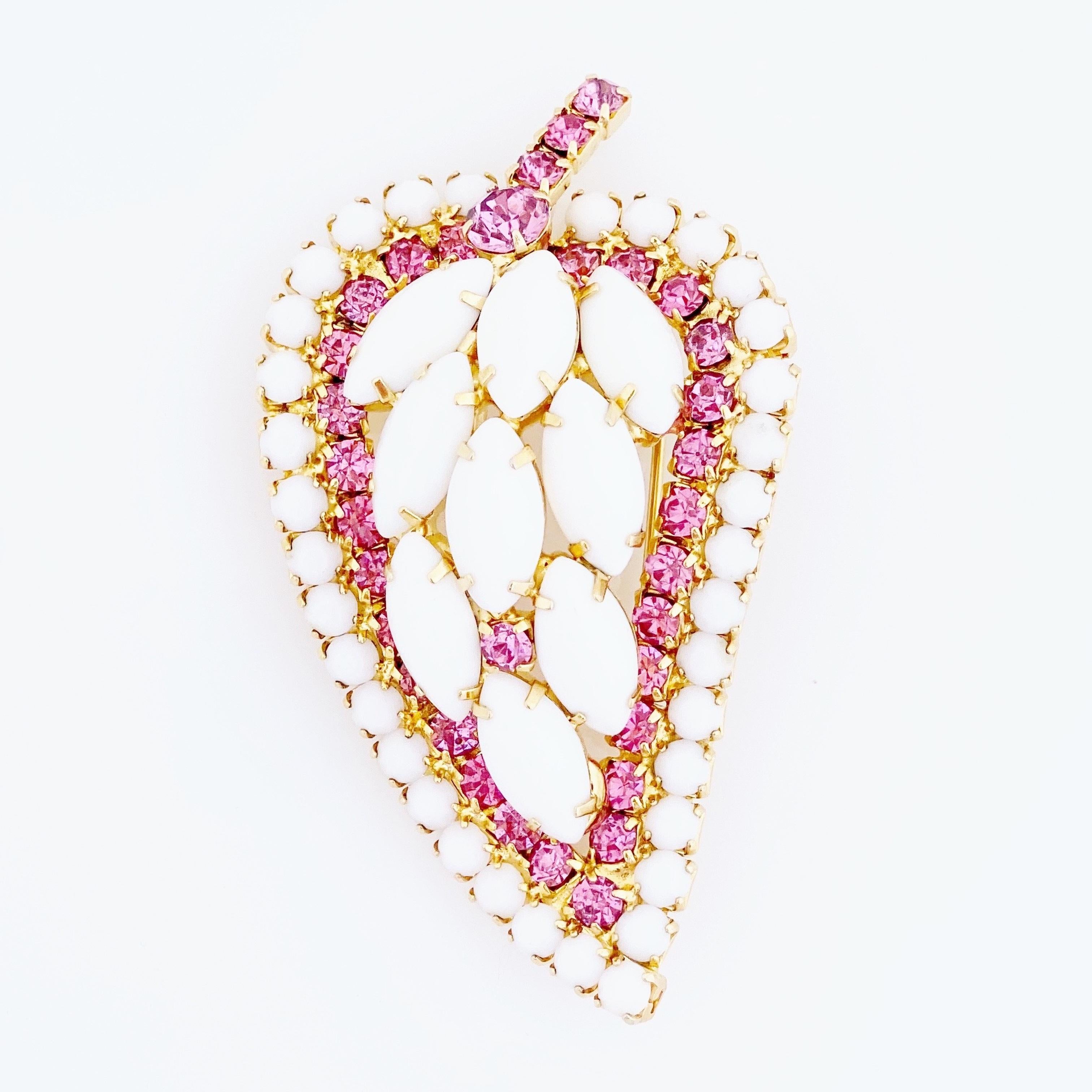 Modern Milk Glass & Pink Rhinestone Leaf Brooch By DeLizza & Elster, 1960s For Sale