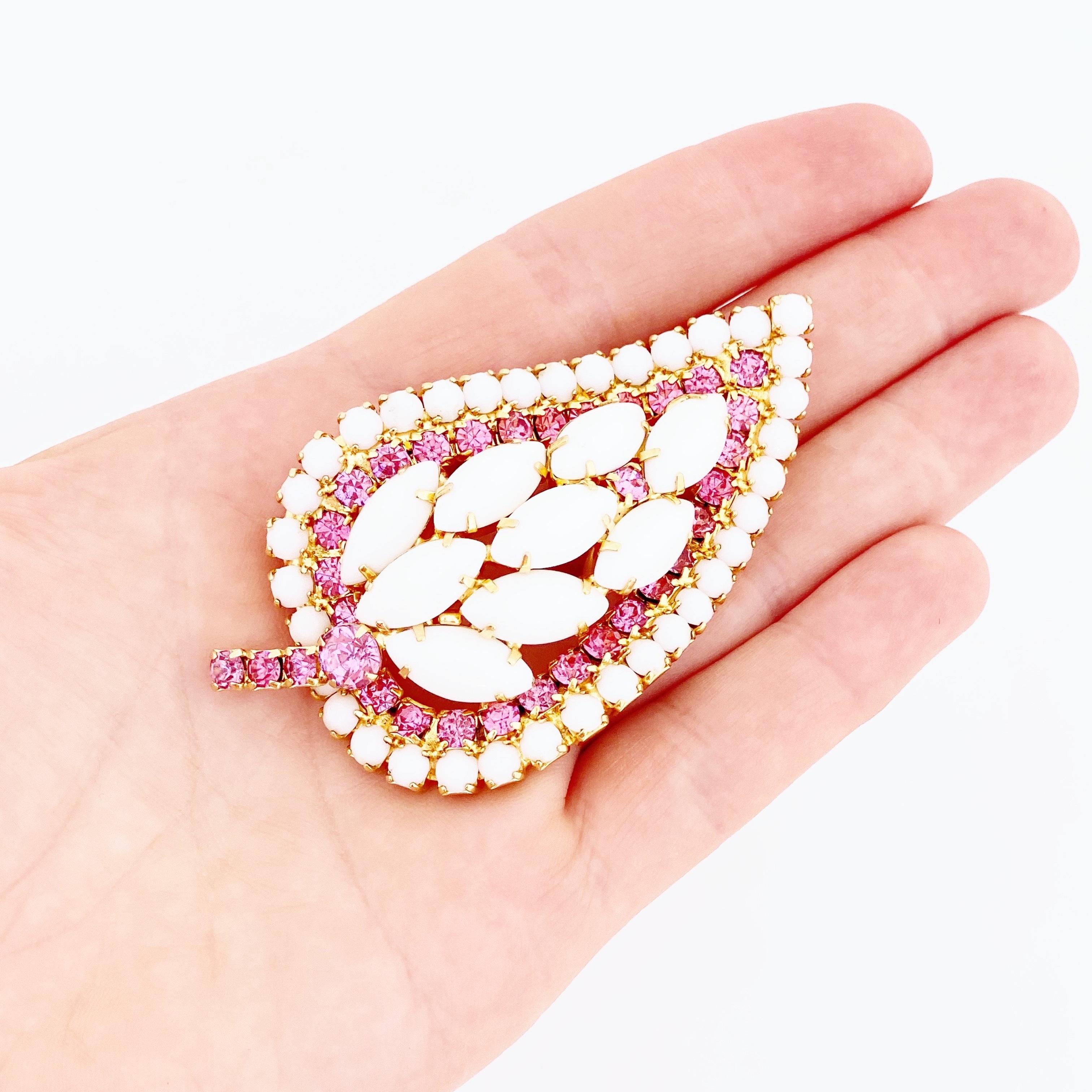 Milk Glass & Pink Rhinestone Leaf Brooch By DeLizza & Elster, 1960s For Sale 1