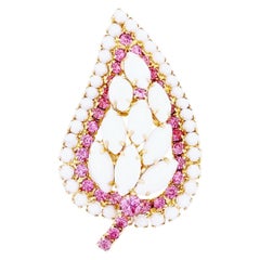 Milk Glass & Pink Rhinestone Leaf Brooch By DeLizza & Elster, 1960s