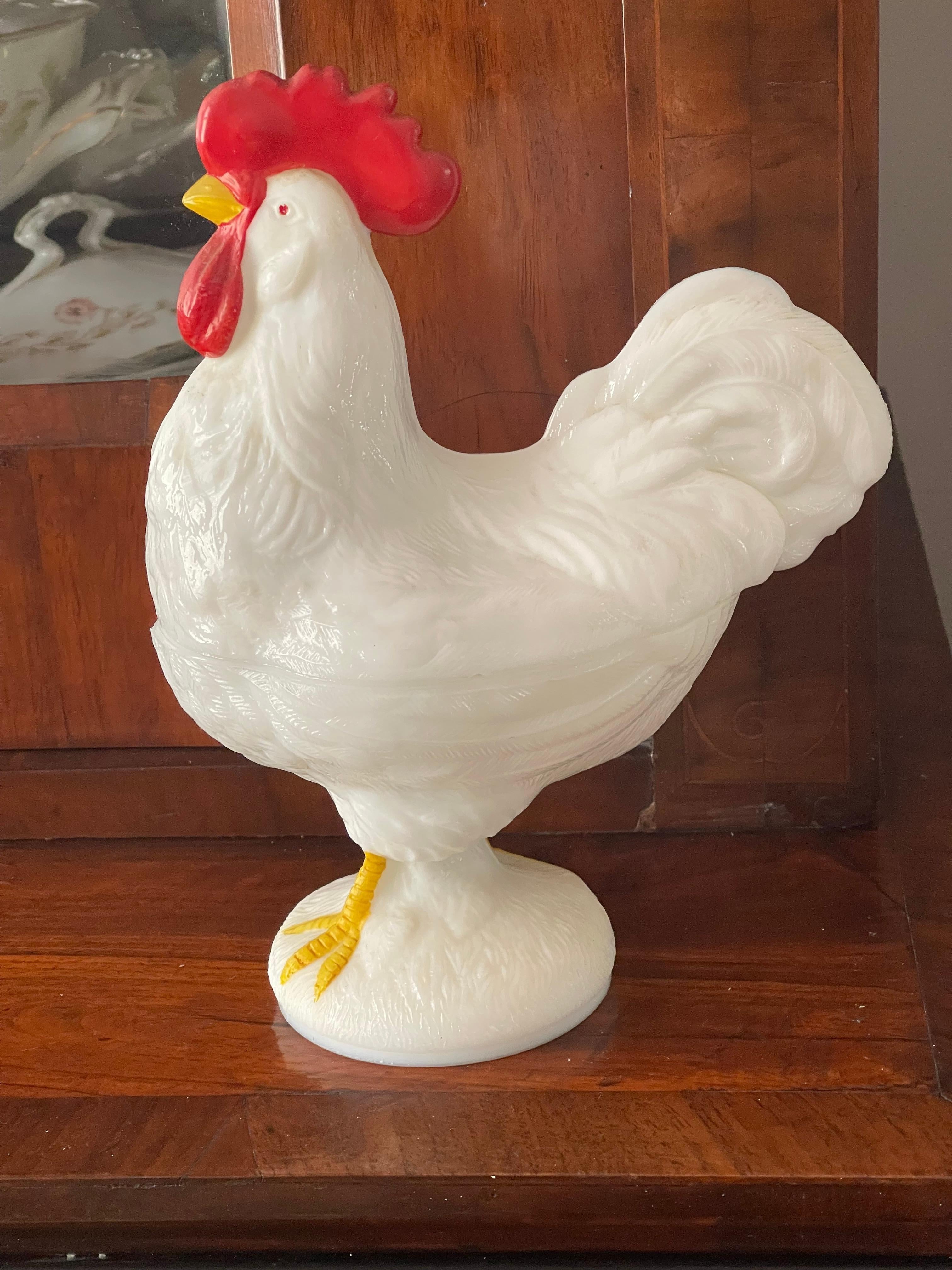 Cute White milk glass rooster fish or tureen with cover.