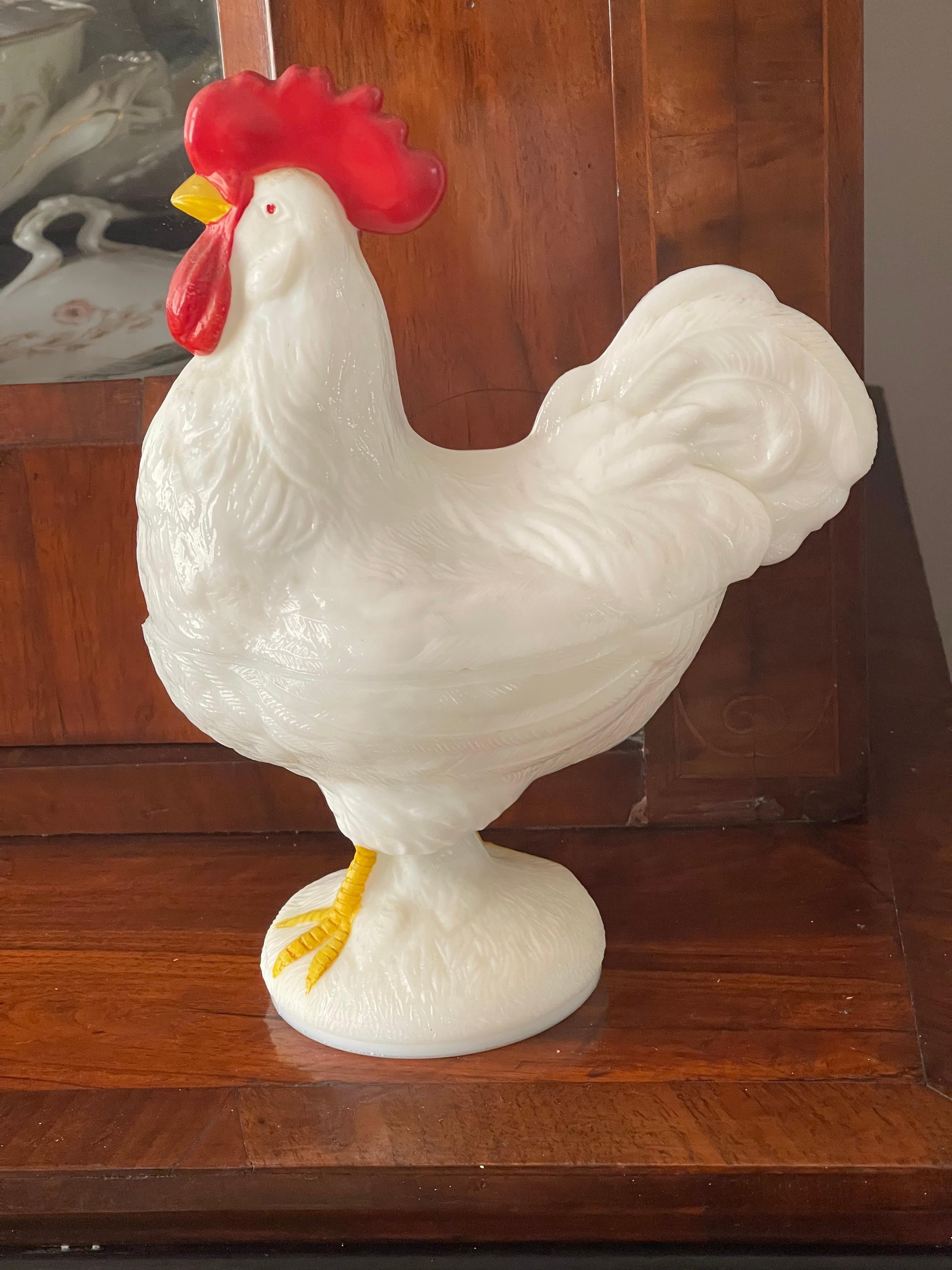 Country Milk Glass Rooster Dish or Tureen For Sale