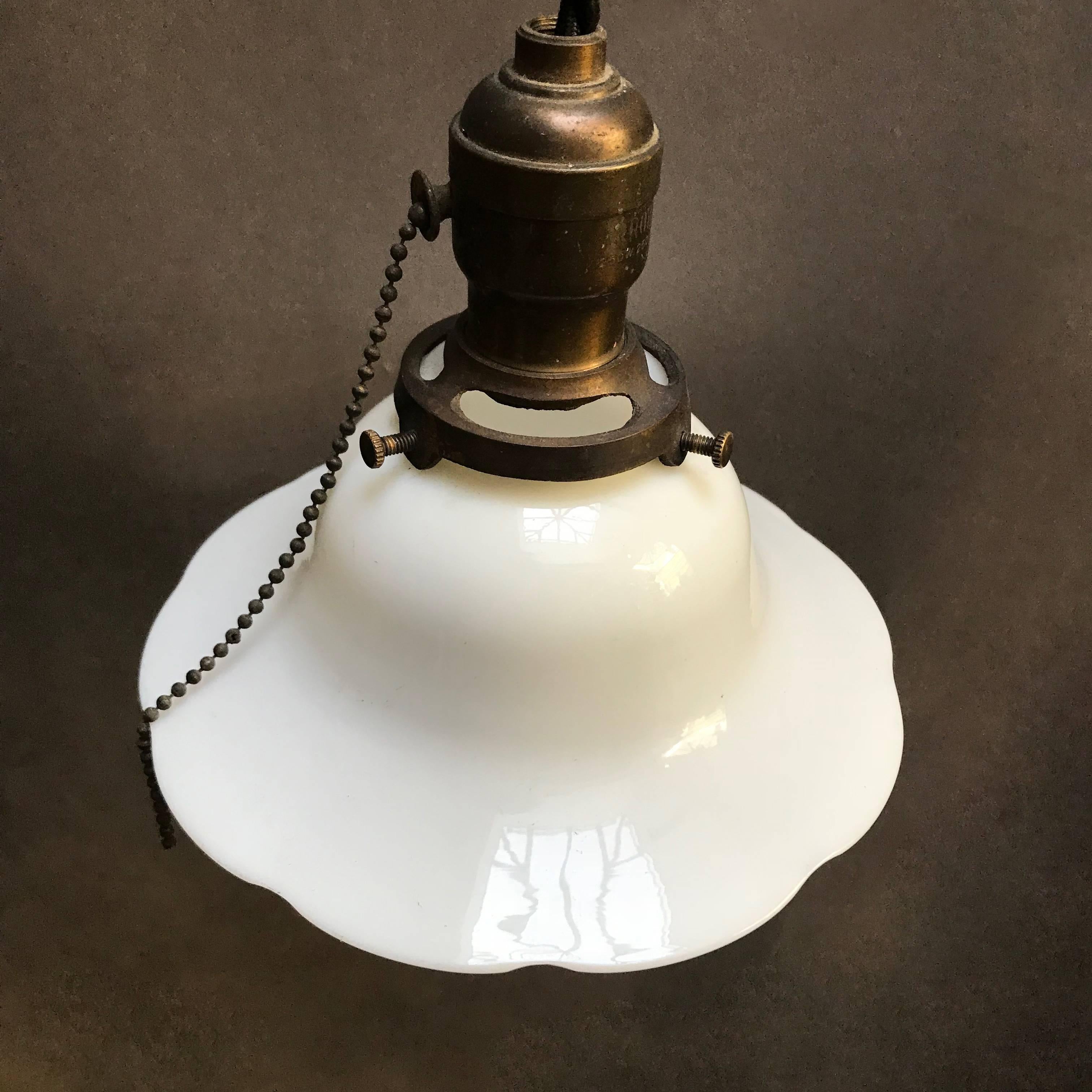 American Milk Glass Scalloped Bell Pendant Light