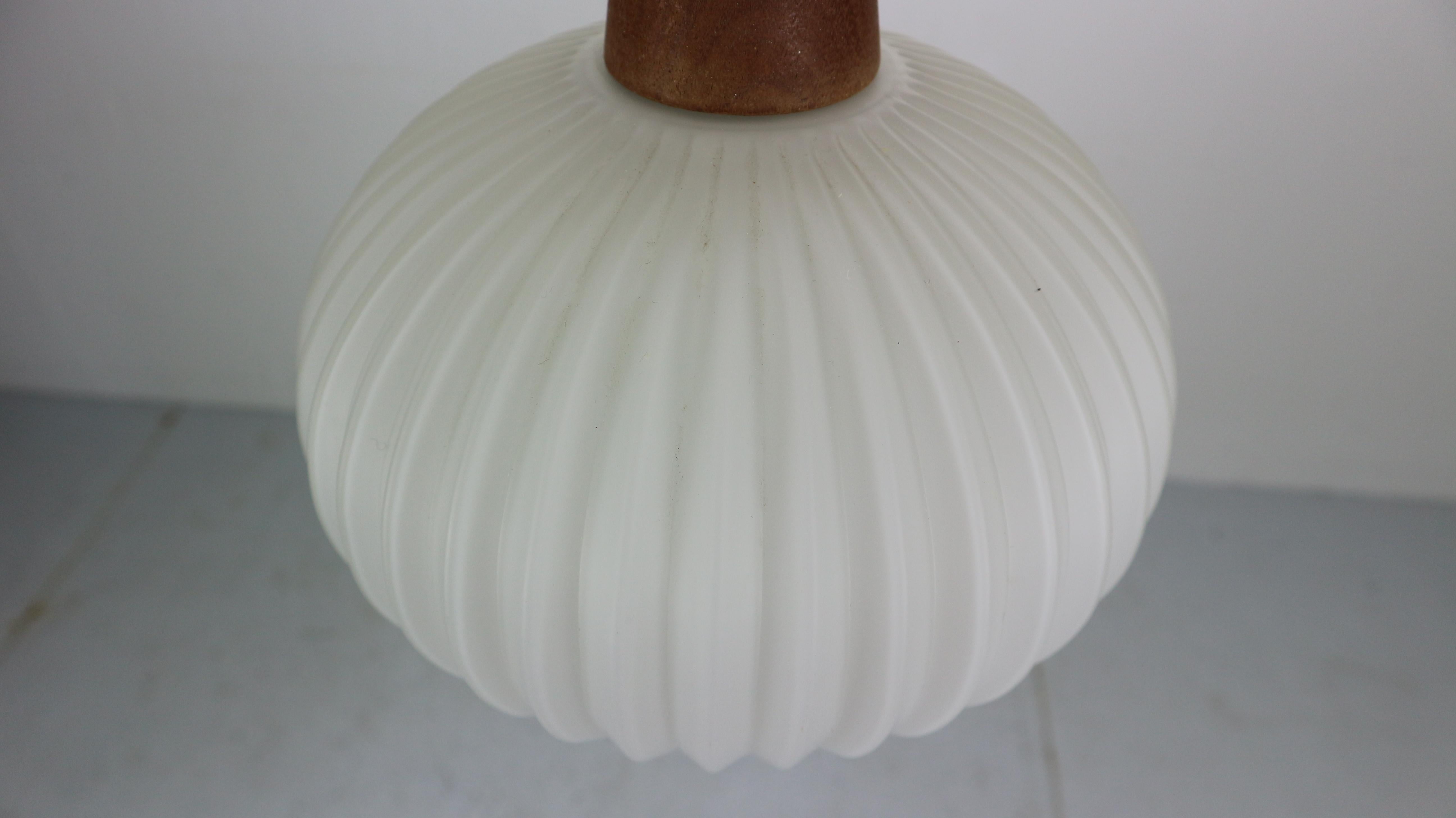 Milk Glass & Teak Wood Pendant Lamp, Louis Kalff for Philips, 1960s Netherlands 5