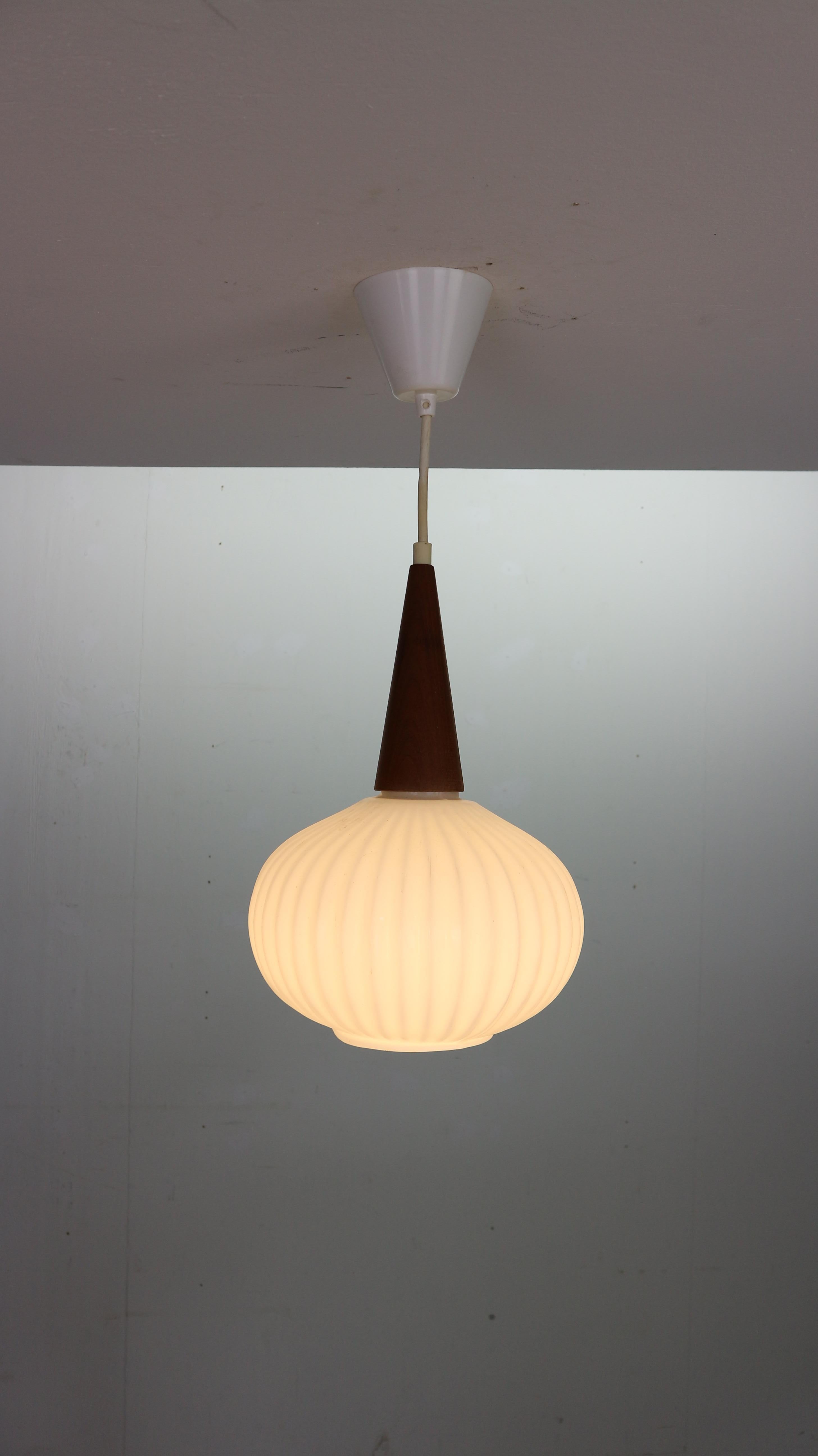 Milk Glass & Teak Wood Pendant Lamp, Louis Kalff for Philips, 1960s Netherlands 6