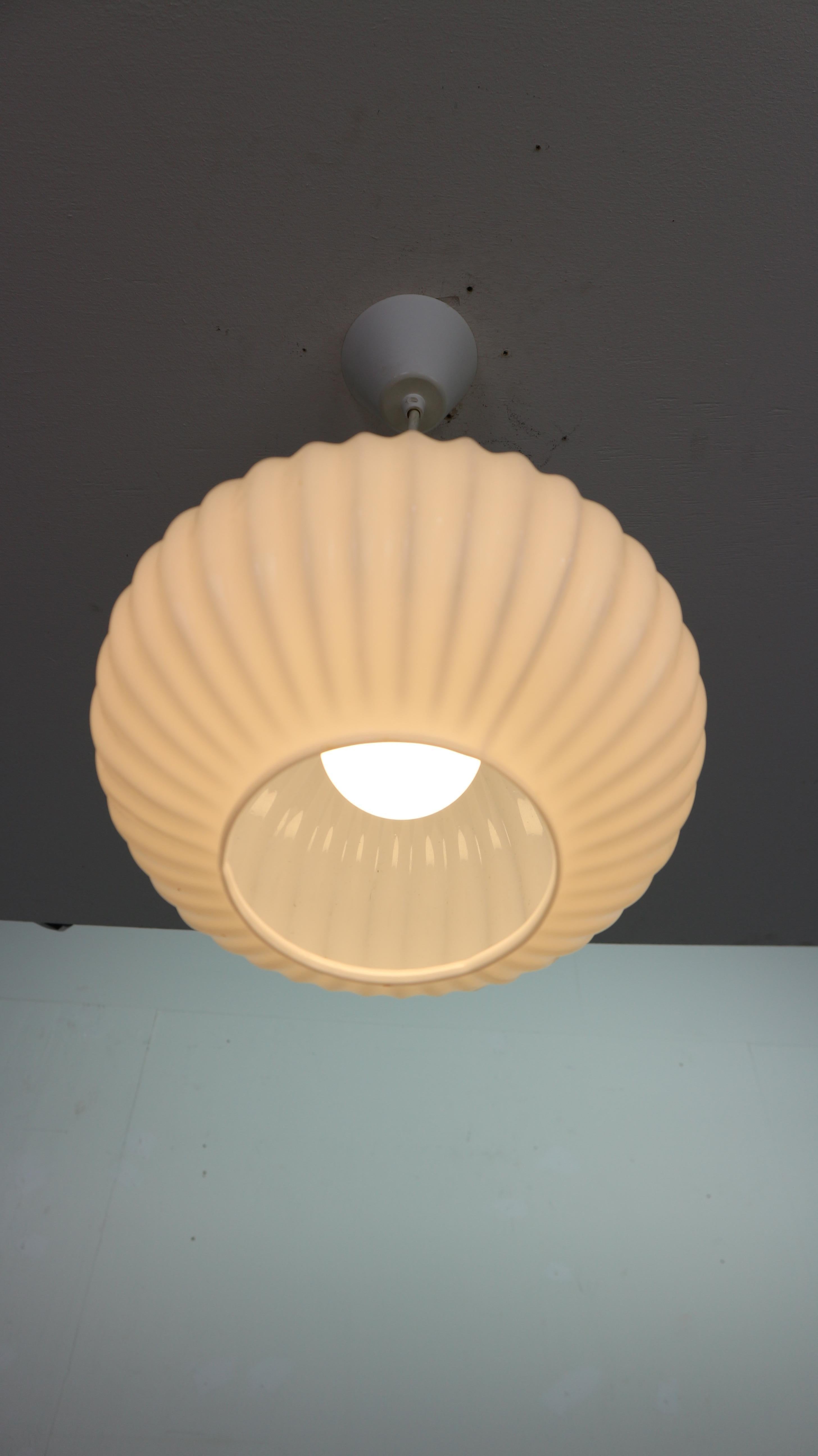 Milk Glass & Teak Wood Pendant Lamp, Louis Kalff for Philips, 1960s Netherlands 7