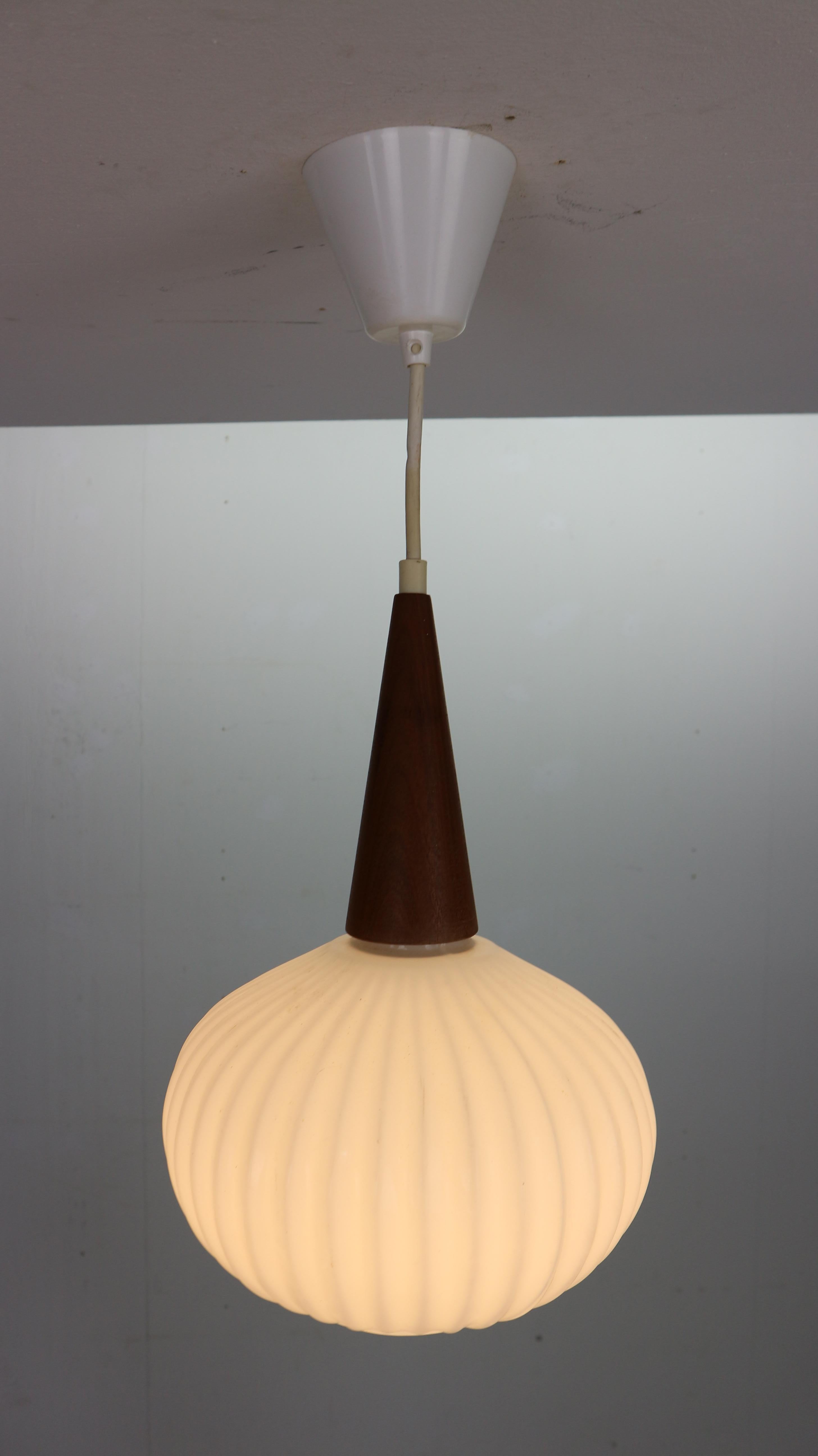 Milk Glass & Teak Wood Pendant Lamp, Louis Kalff for Philips, 1960s Netherlands 8