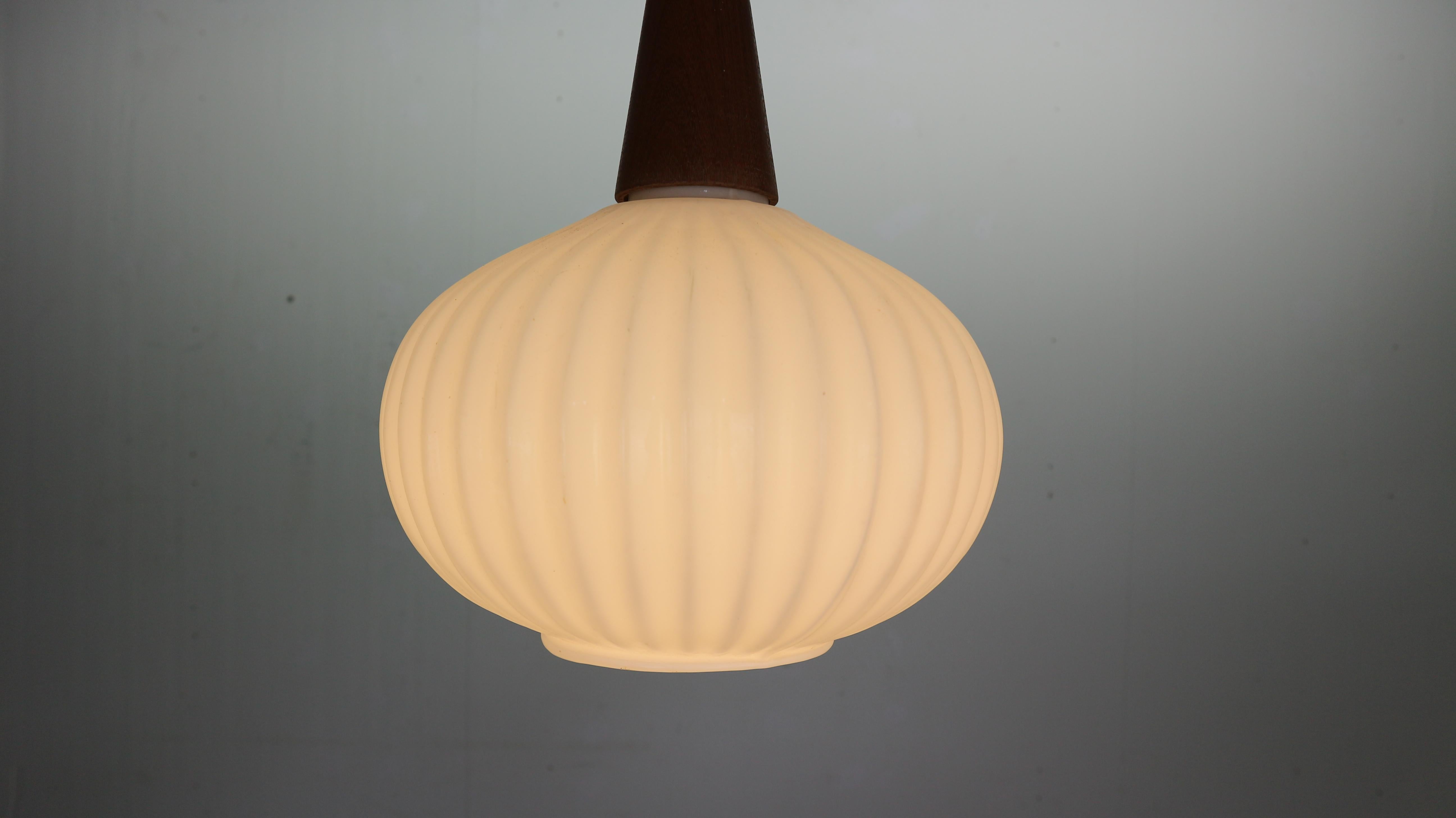 Milk Glass & Teak Wood Pendant Lamp, Louis Kalff for Philips, 1960s Netherlands 9