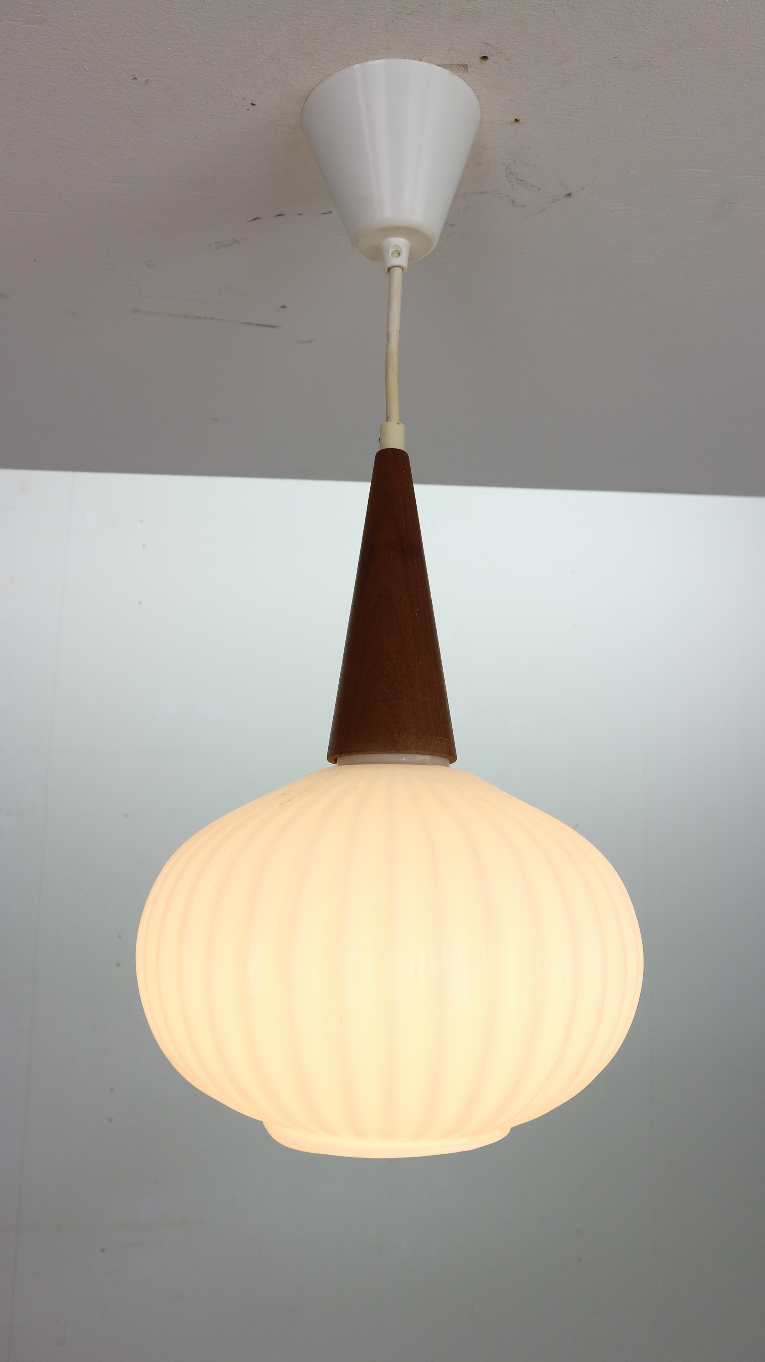 Milk Glass & Teak Wood Pendant Lamp, Louis Kalff for Philips, 1960s Netherlands 10