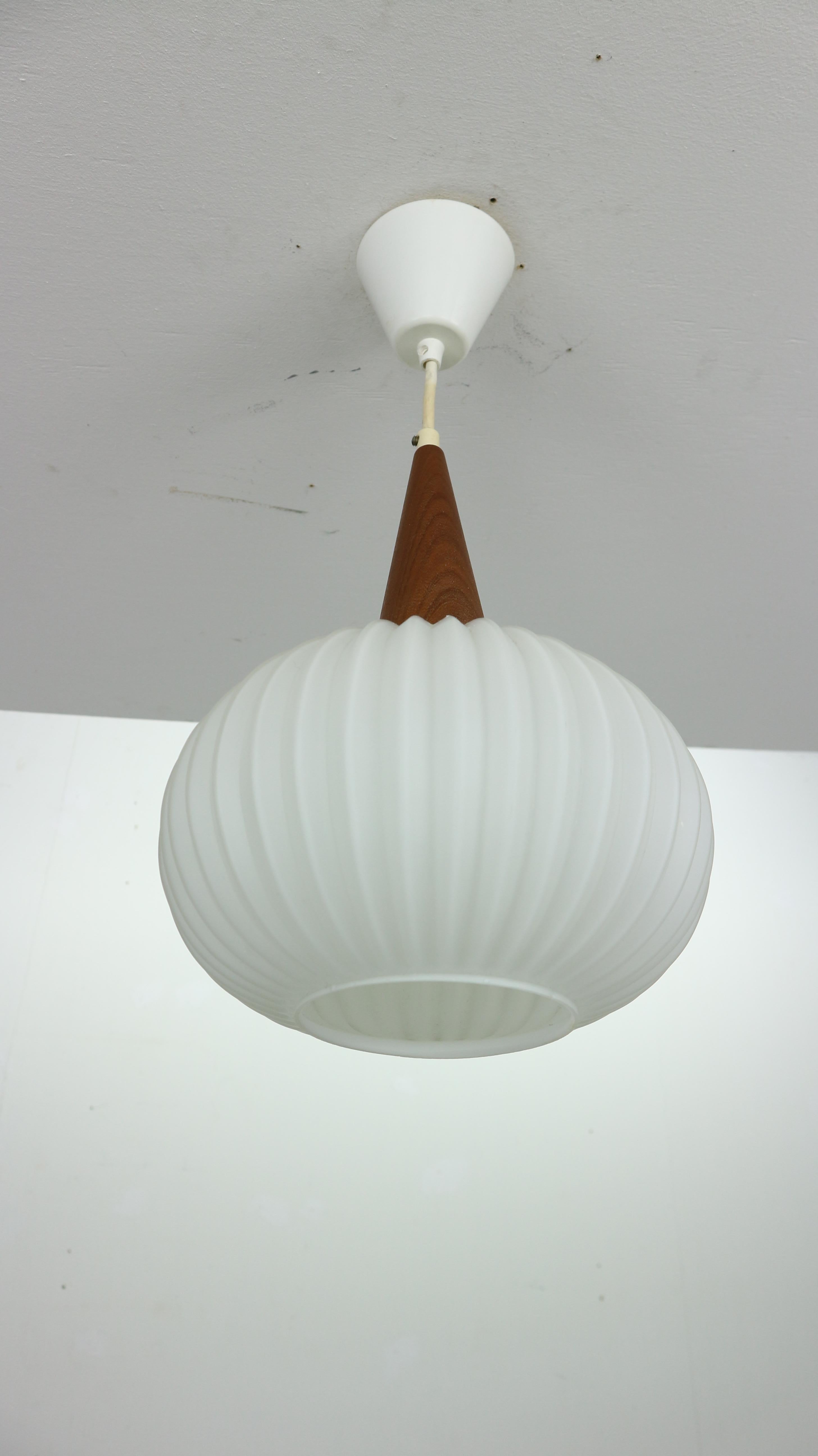 Mid-Century Modern Milk Glass & Teak Wood Pendant Lamp, Louis Kalff for Philips, 1960s Netherlands