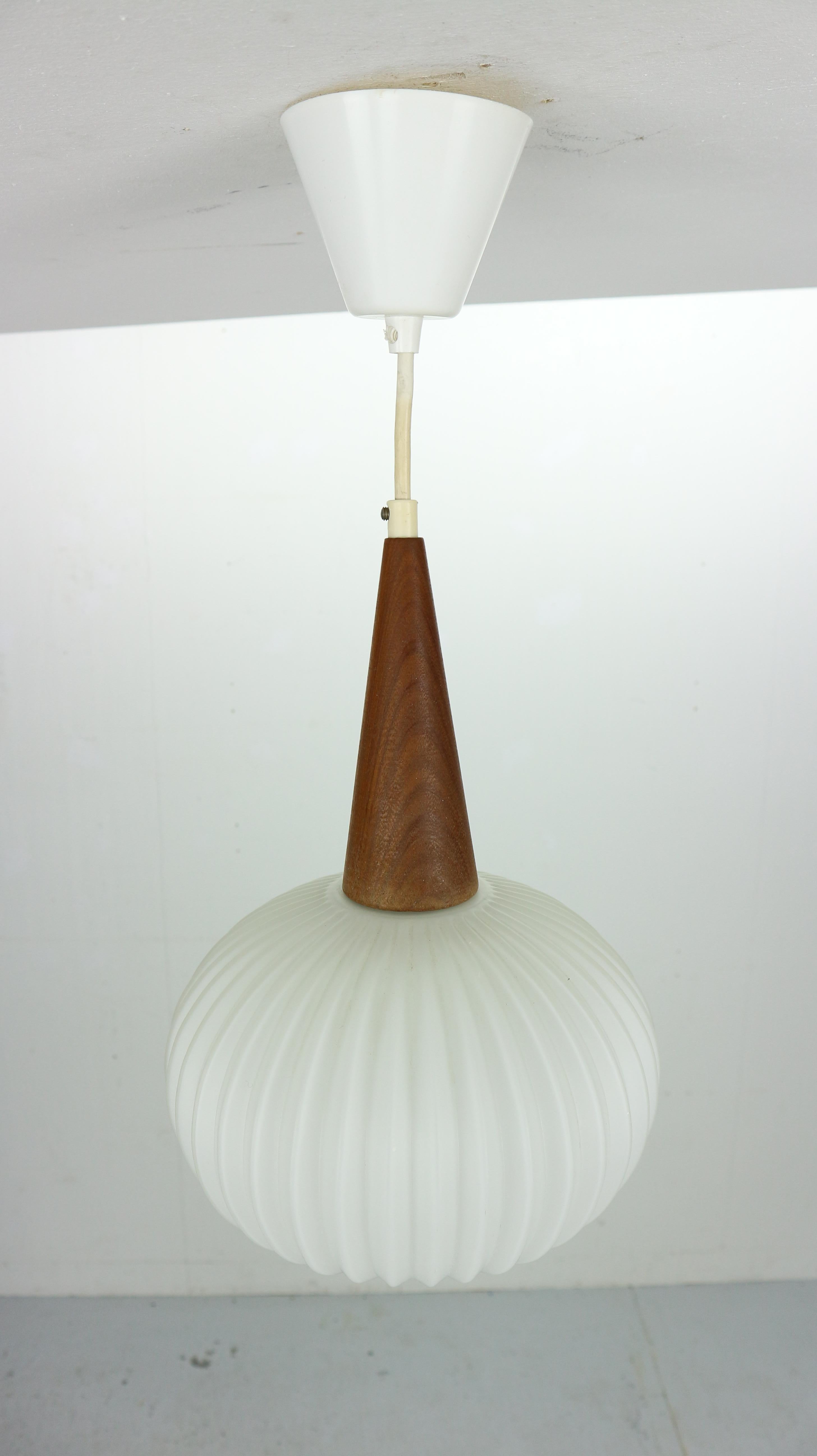 Dutch Milk Glass & Teak Wood Pendant Lamp, Louis Kalff for Philips, 1960s Netherlands