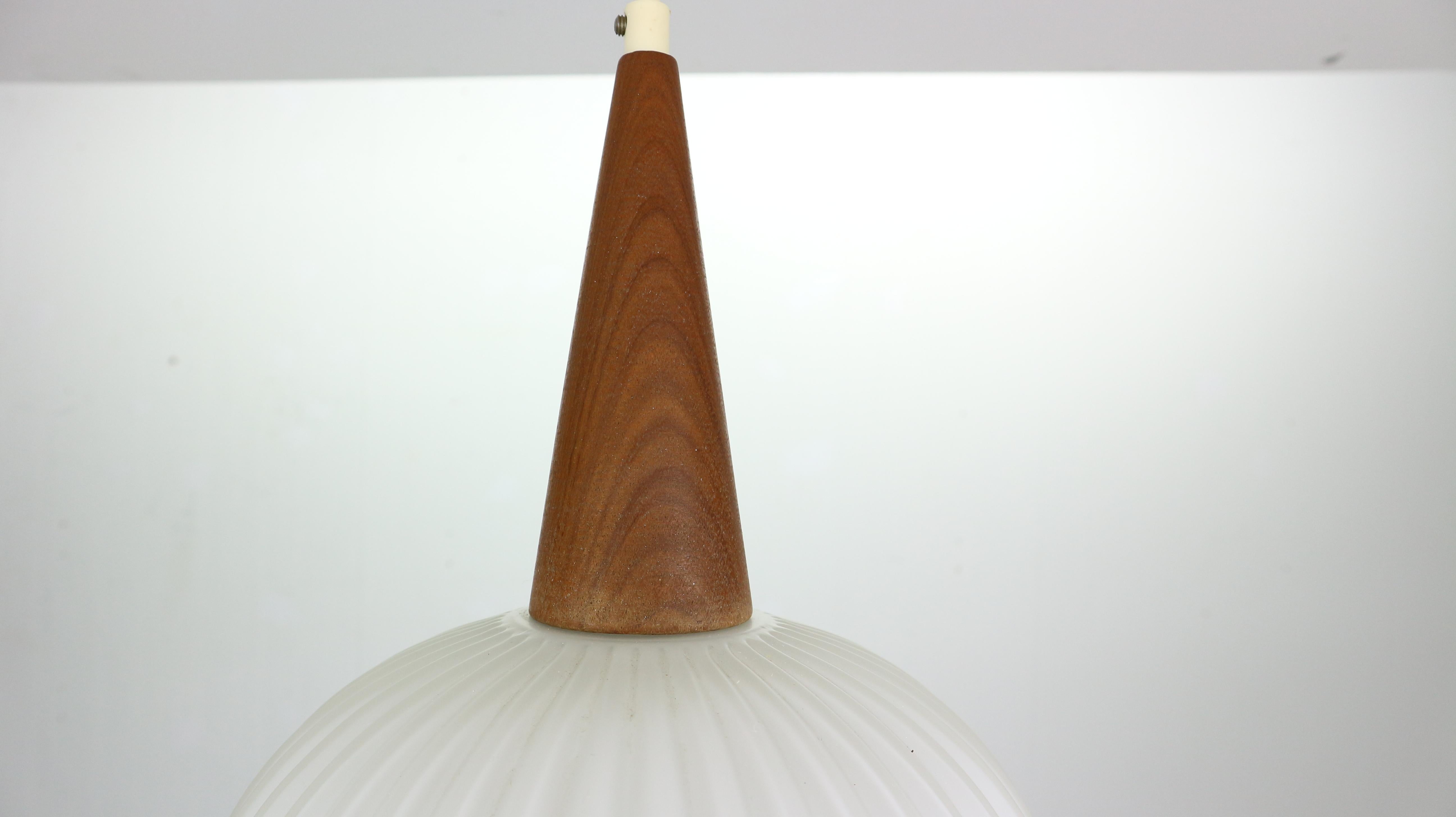 Milk Glass & Teak Wood Pendant Lamp, Louis Kalff for Philips, 1960s Netherlands In Good Condition In The Hague, NL