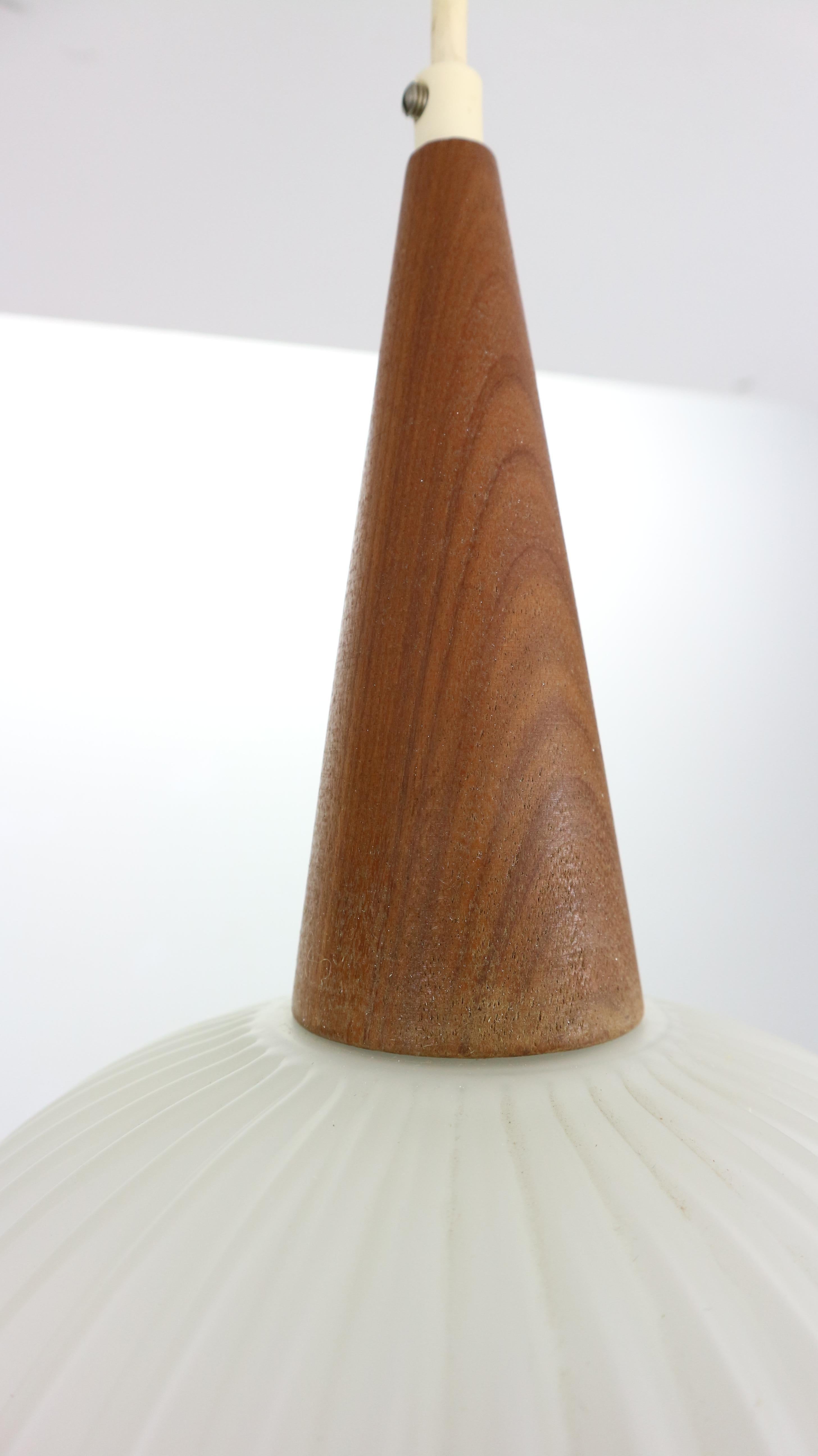 Mid-20th Century Milk Glass & Teak Wood Pendant Lamp, Louis Kalff for Philips, 1960s Netherlands