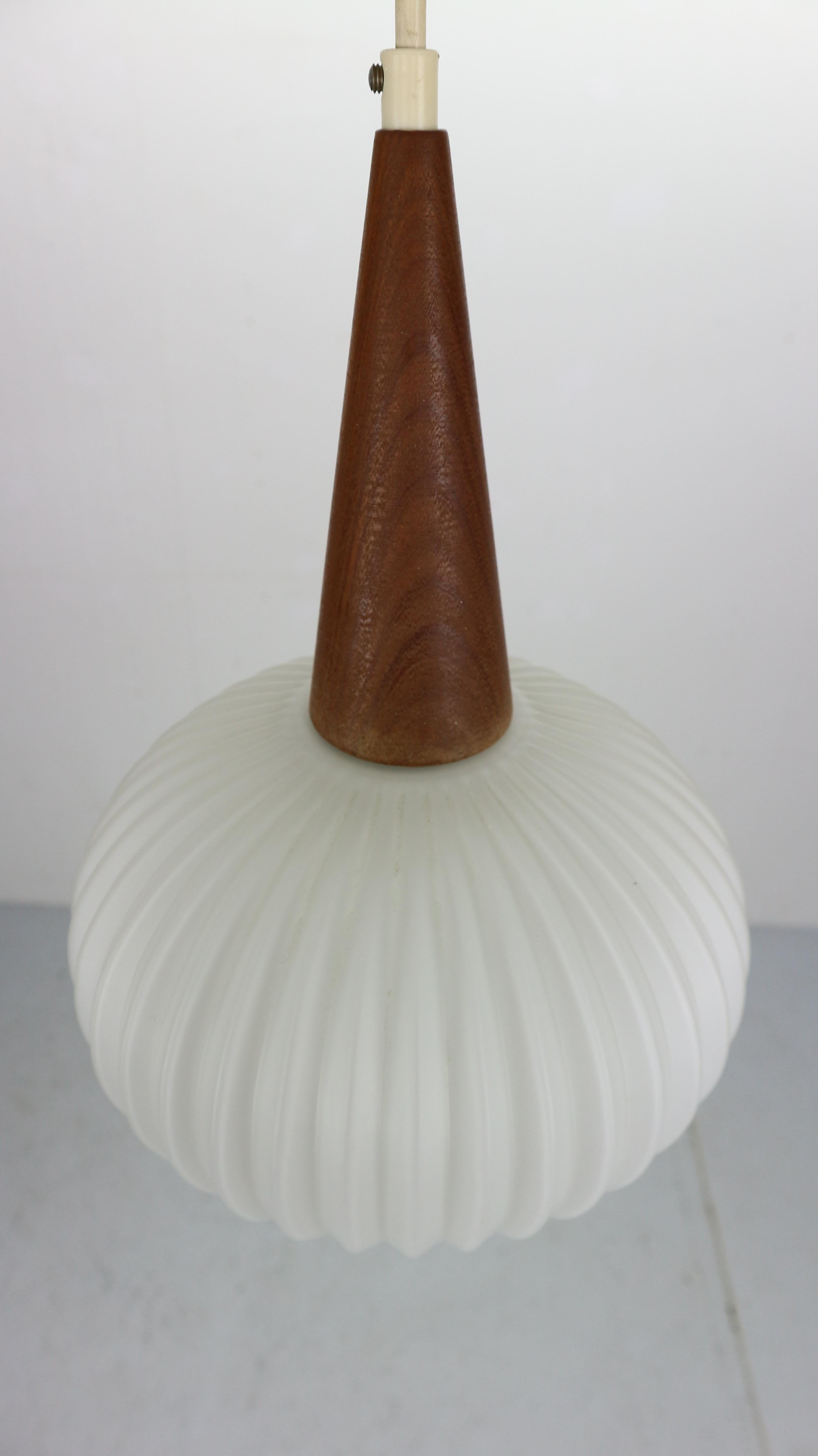 Milk Glass & Teak Wood Pendant Lamp, Louis Kalff for Philips, 1960s Netherlands 1