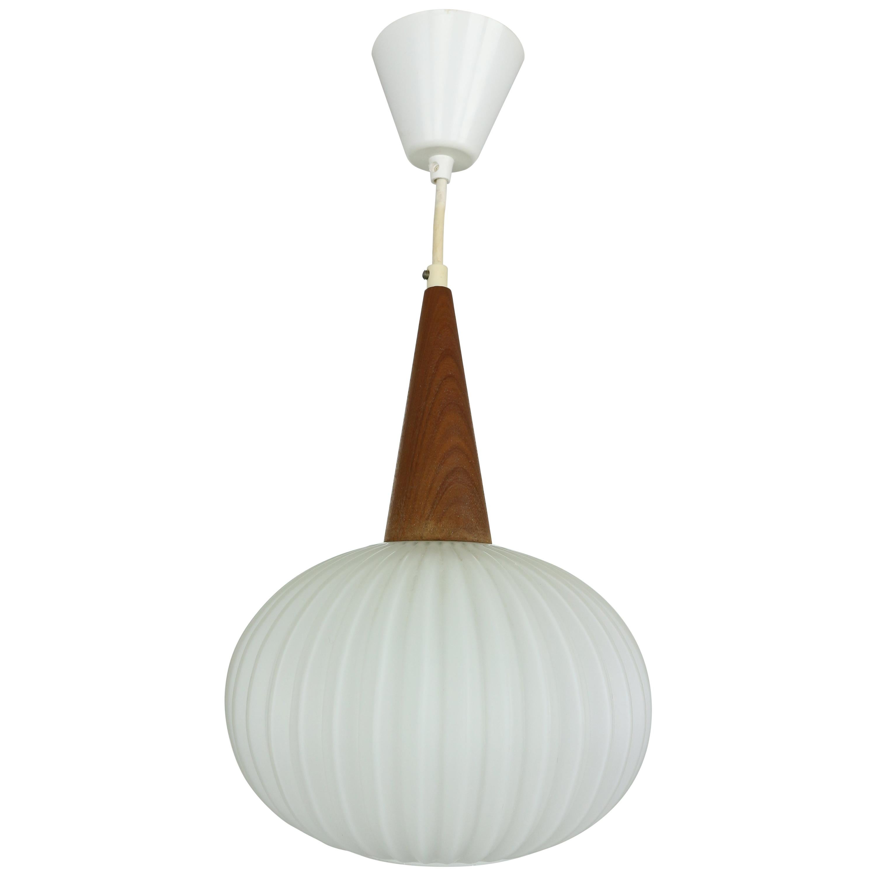 Milk Glass & Teak Wood Pendant Lamp, Louis Kalff for Philips, 1960s Netherlands