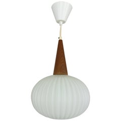 Milk Glass & Teak Wood Pendant Lamp, Louis Kalff for Philips, 1960s Netherlands